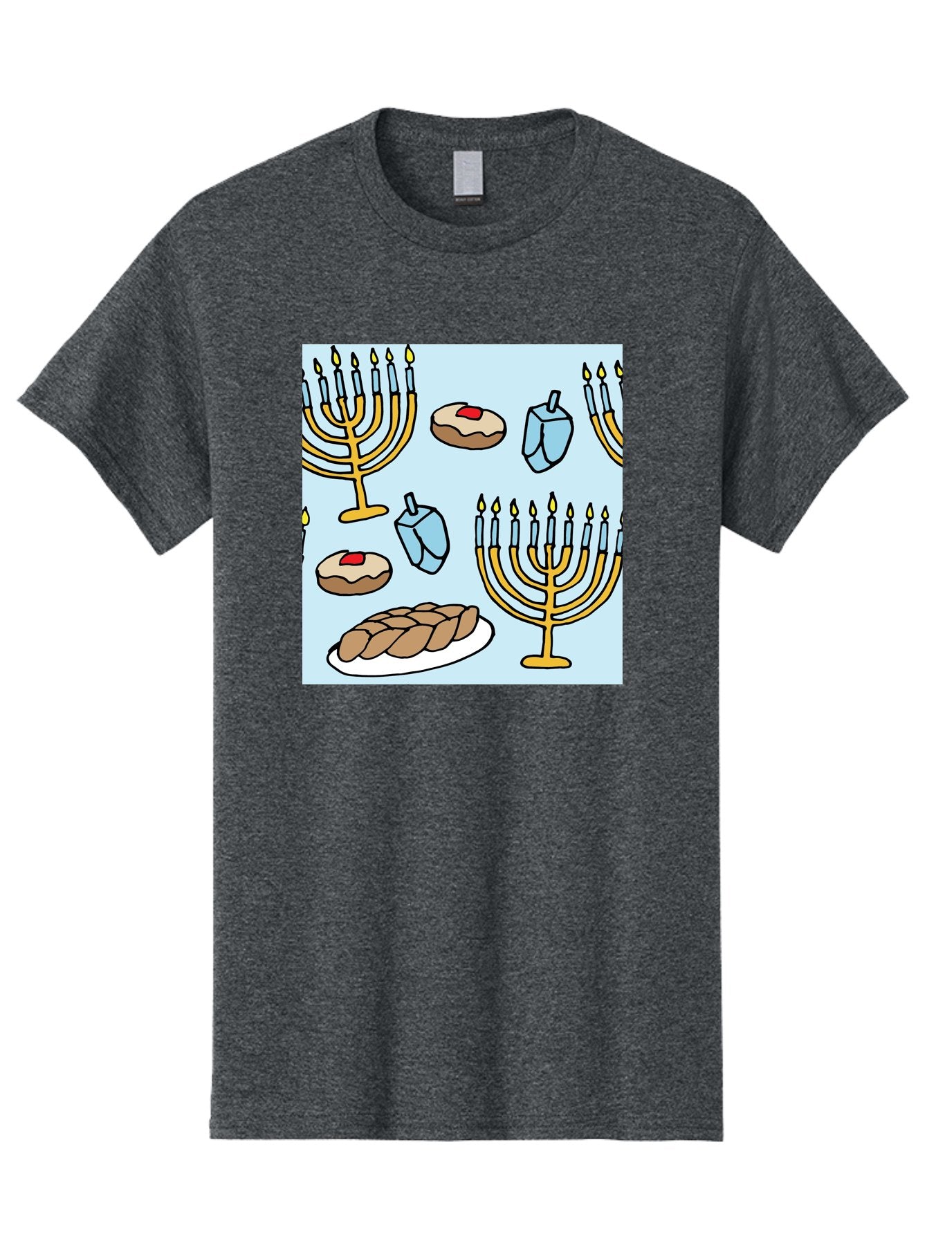 Hanukkah-Symbols Men'S Graphic Tee, 100% Cotton, Comfortable Casual Summer Wear, Machine Washable, Menorahs With Lit Candles, Sufganiyot Jelly Donuts, Dreidels, Challah Bread, Hanukkah Traditions, Jewish Holiday, Festive Food, -  Aaa910