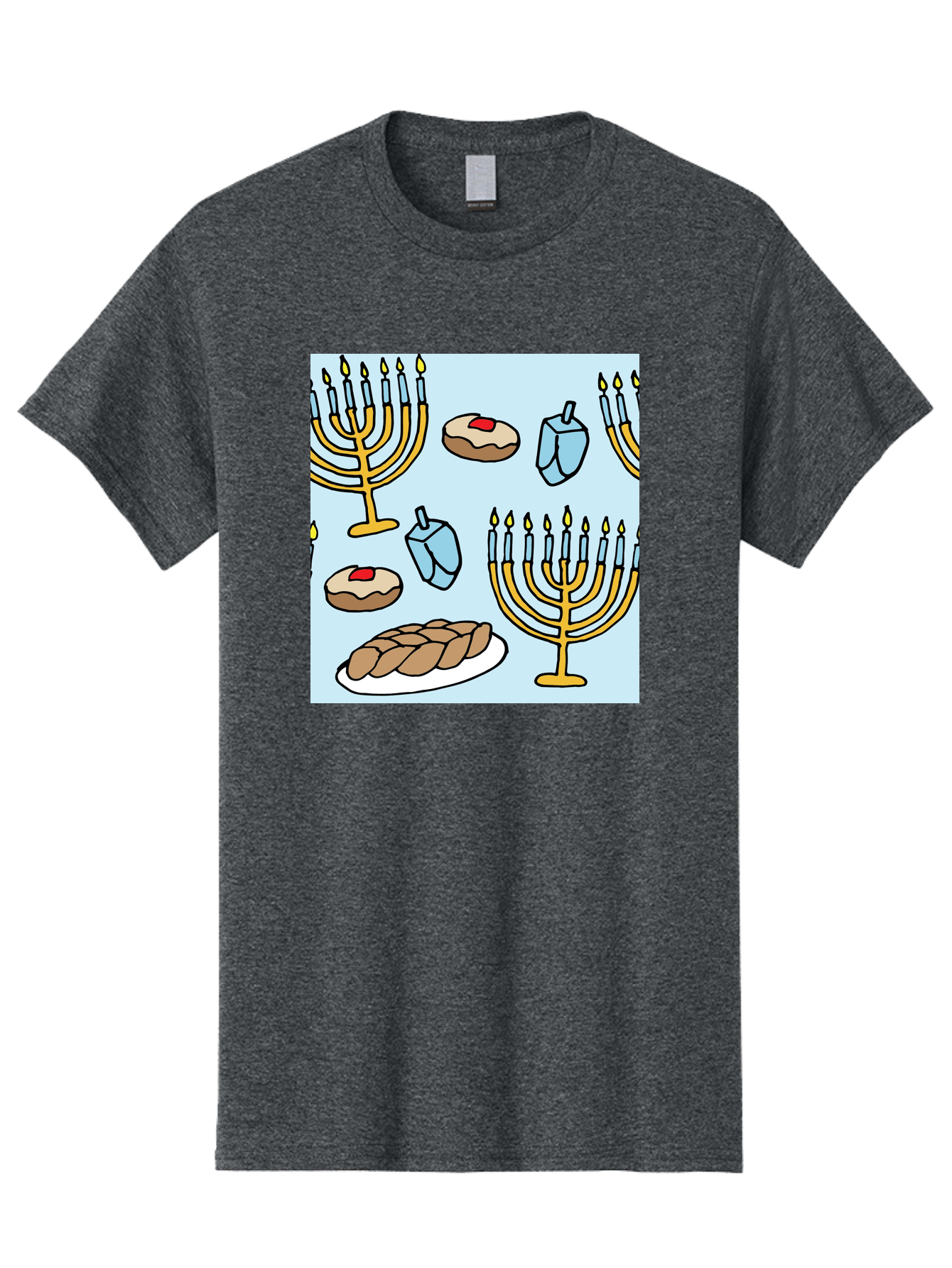 Hanukkah-Symbols Men'S Graphic Tee, 100% Cotton, Comfortable Casual Summer Wear, Machine Washable, Menorahs With Lit Candles, Sufganiyot Jelly Donuts, Dreidels, Challah Bread, Hanukkah Traditions, Jewish Holiday, Festive Food, -  Aaa910 7