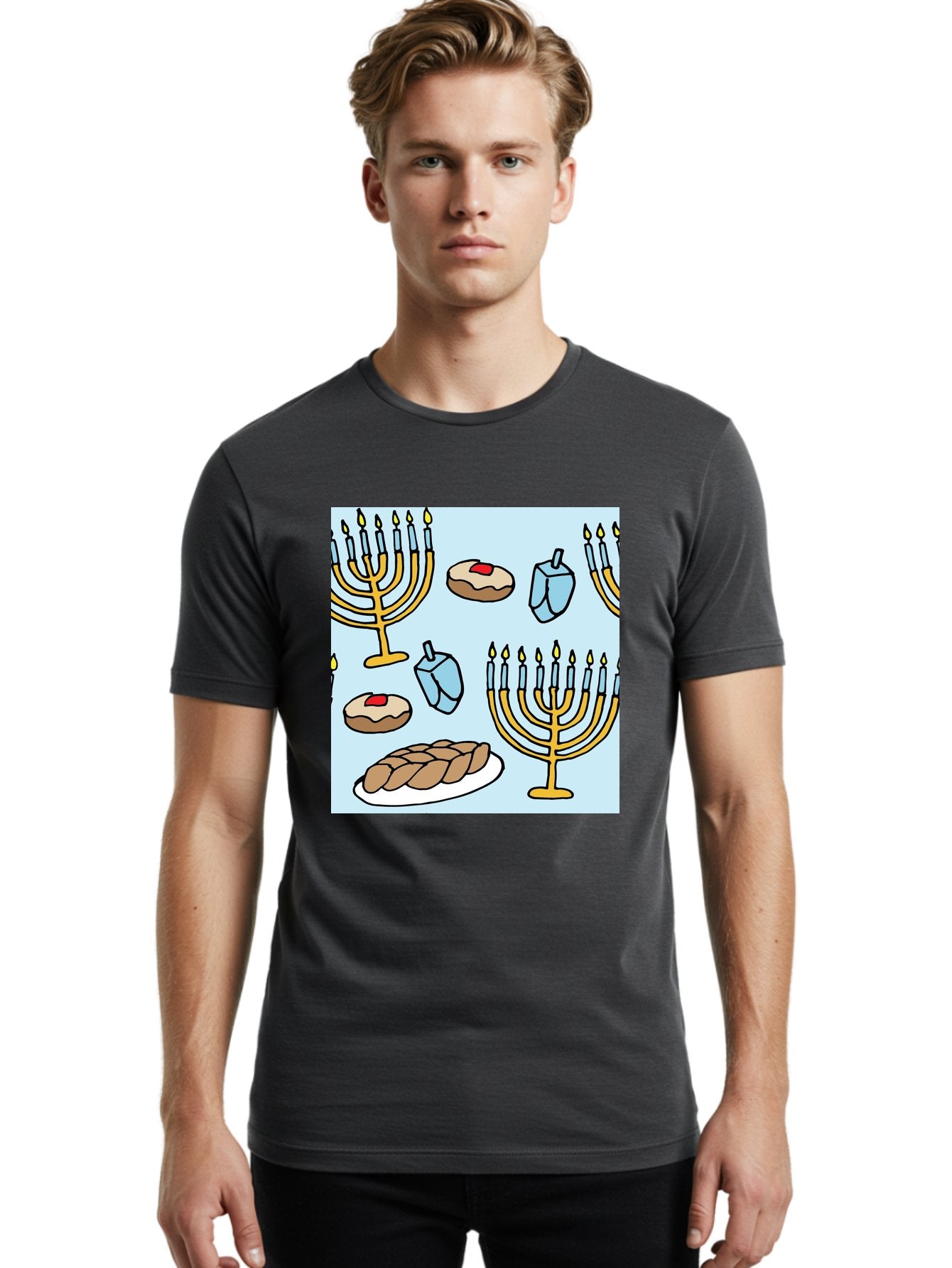 Hanukkah-Symbols Men'S Graphic Tee, 100% Cotton, Comfortable Casual Summer Wear, Machine Washable, Menorahs With Lit Candles, Sufganiyot Jelly Donuts, Dreidels, Challah Bread, Hanukkah Traditions, Jewish Holiday, Festive Food, -  Aaa910 21