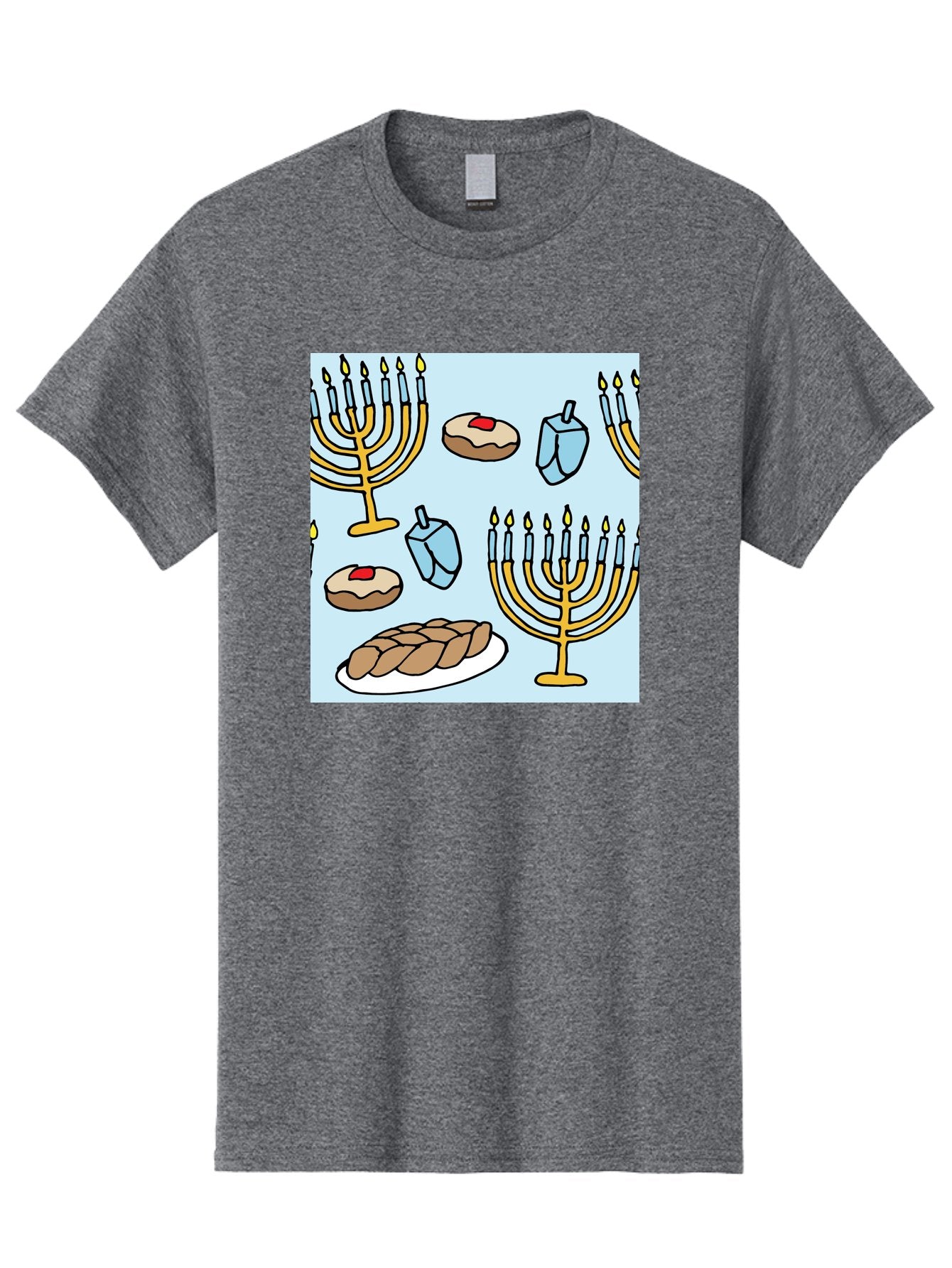 Hanukkah-Symbols Men'S Graphic Tee, 100% Cotton, Comfortable Casual Summer Wear, Machine Washable, Menorahs With Lit Candles, Sufganiyot Jelly Donuts, Dreidels, Challah Bread, Hanukkah Traditions, Jewish Holiday, Festive Food, -  Aaa910 13