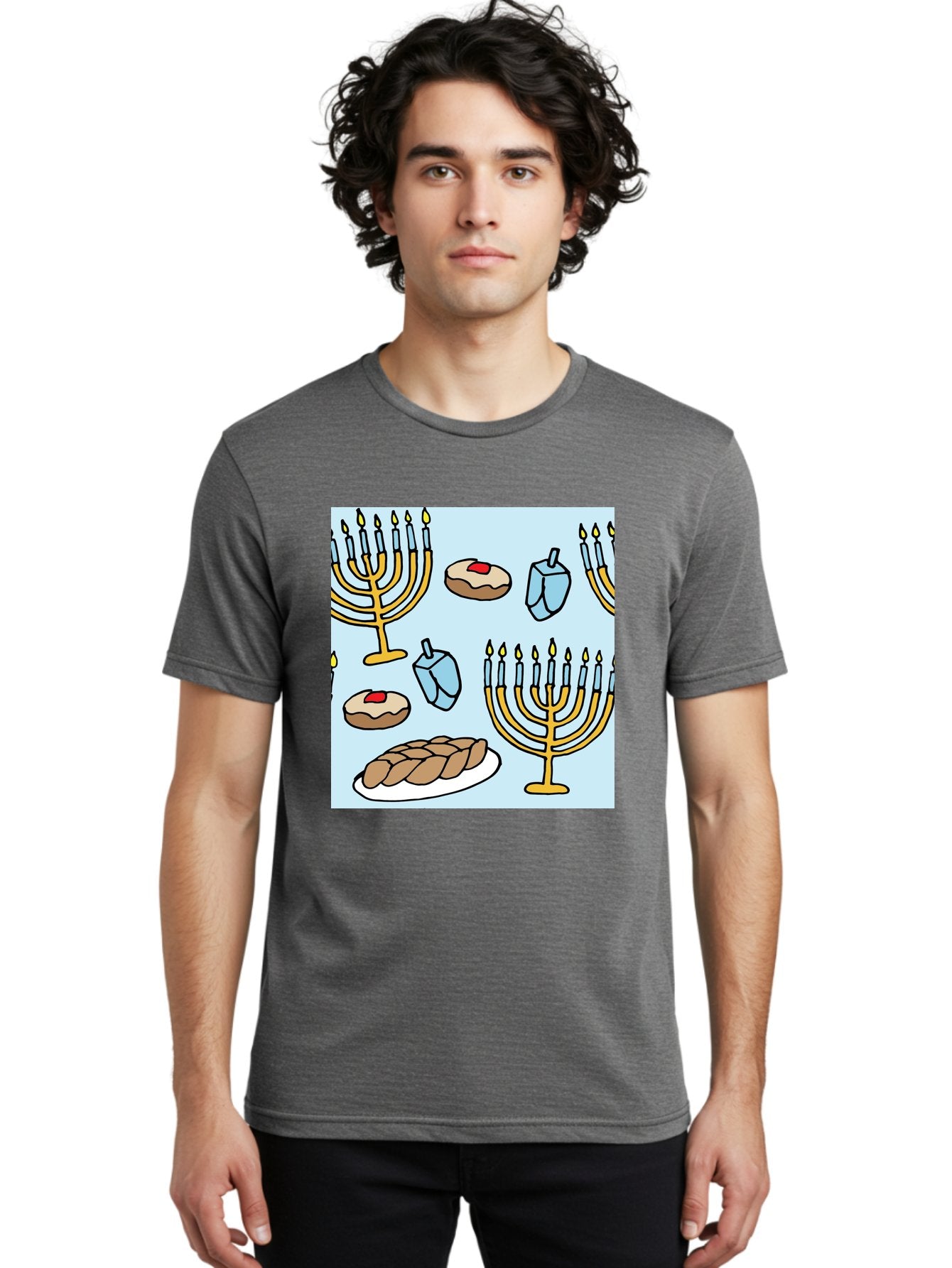 Hanukkah-Symbols Men'S Graphic Tee, 100% Cotton, Comfortable Casual Summer Wear, Machine Washable, Menorahs With Lit Candles, Sufganiyot Jelly Donuts, Dreidels, Challah Bread, Hanukkah Traditions, Jewish Holiday, Festive Food, -  Aaa910 20