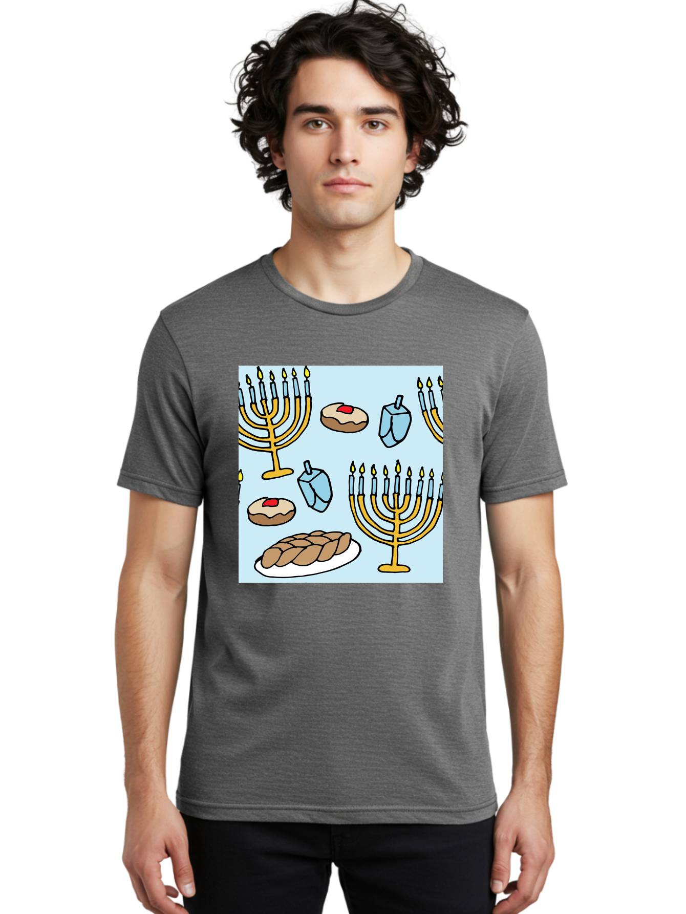 Hanukkah-Symbols Men'S Graphic Tee, 100% Cotton, Comfortable Casual Summer Wear, Machine Washable, Menorahs With Lit Candles, Sufganiyot Jelly Donuts, Dreidels, Challah Bread, Hanukkah Traditions, Jewish Holiday, Festive Food, -  Aaa910 10