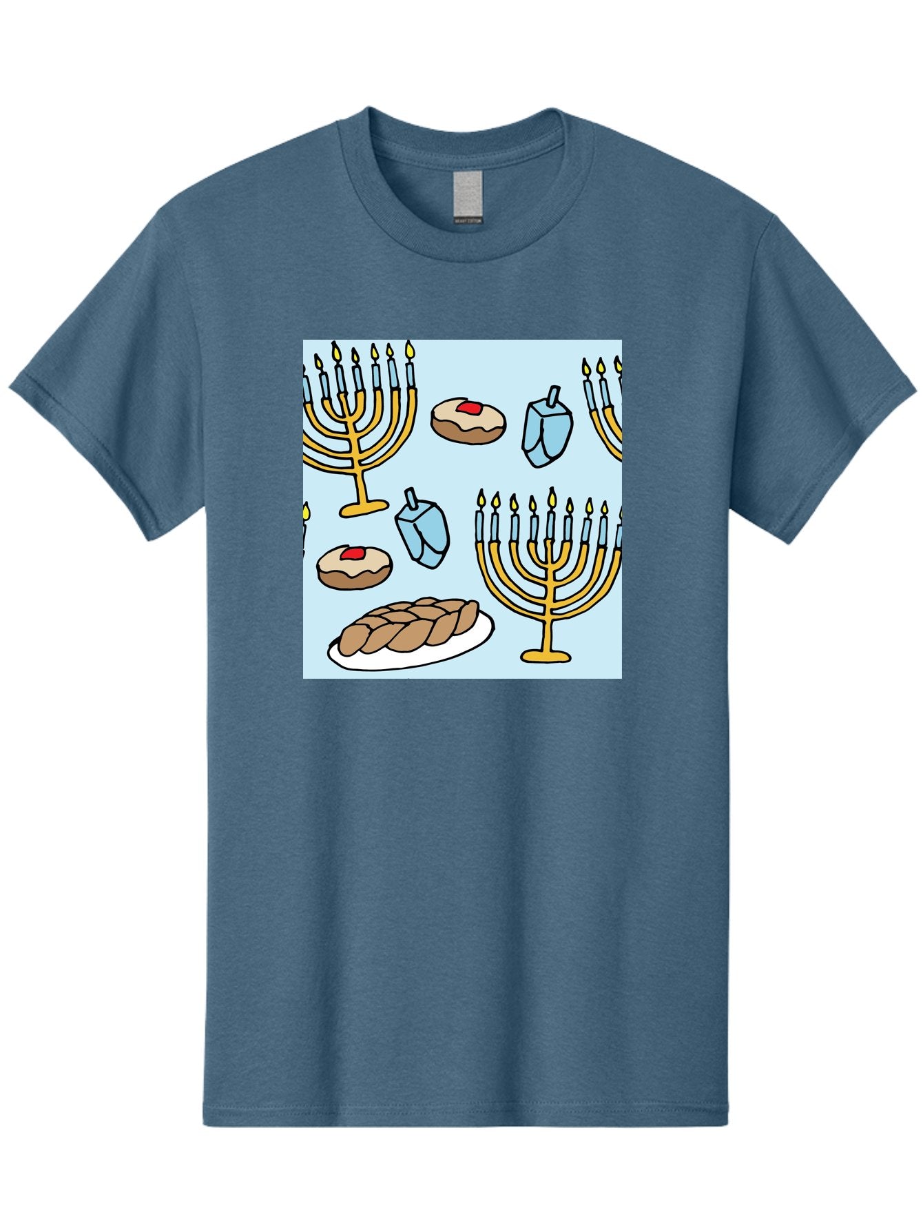 Hanukkah-Symbols Men'S Graphic Tee, 100% Cotton, Comfortable Casual Summer Wear, Machine Washable, Menorahs With Lit Candles, Sufganiyot Jelly Donuts, Dreidels, Challah Bread, Hanukkah Traditions, Jewish Holiday, Festive Food, -  Aaa910 8
