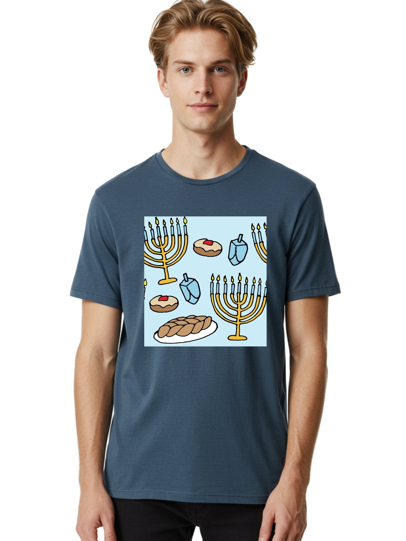 Hanukkah-Symbols Men'S Graphic Tee, 100% Cotton, Comfortable Casual Summer Wear, Machine Washable, Menorahs With Lit Candles, Sufganiyot Jelly Donuts, Dreidels, Challah Bread, Hanukkah Traditions, Jewish Holiday, Festive Food, -  Aaa910 25