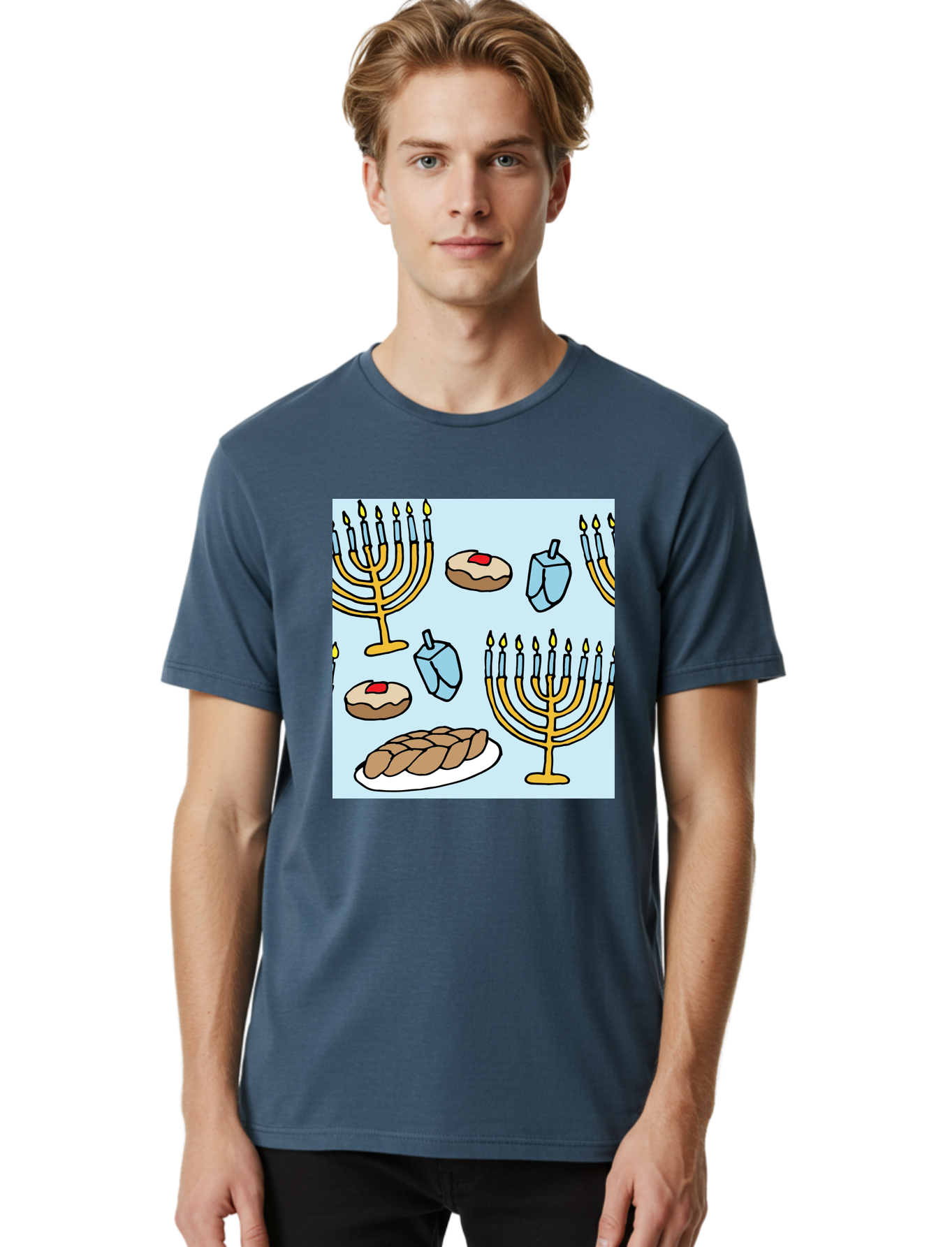 Hanukkah-Symbols Men'S Graphic Tee, 100% Cotton, Comfortable Casual Summer Wear, Machine Washable, Menorahs With Lit Candles, Sufganiyot Jelly Donuts, Dreidels, Challah Bread, Hanukkah Traditions, Jewish Holiday, Festive Food, -  Aaa910 12