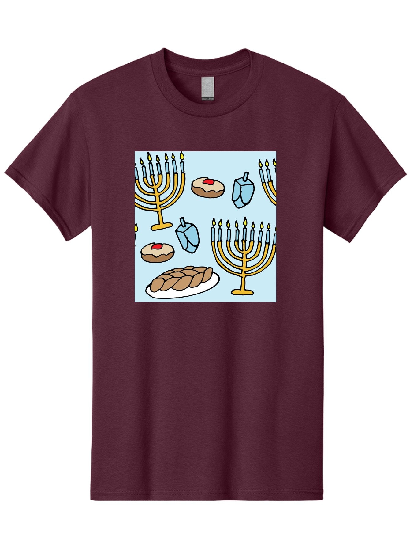 Hanukkah-Symbols Men'S Graphic Tee, 100% Cotton, Comfortable Casual Summer Wear, Machine Washable, Menorahs With Lit Candles, Sufganiyot Jelly Donuts, Dreidels, Challah Bread, Hanukkah Traditions, Jewish Holiday, Festive Food, -  Aaa910 7