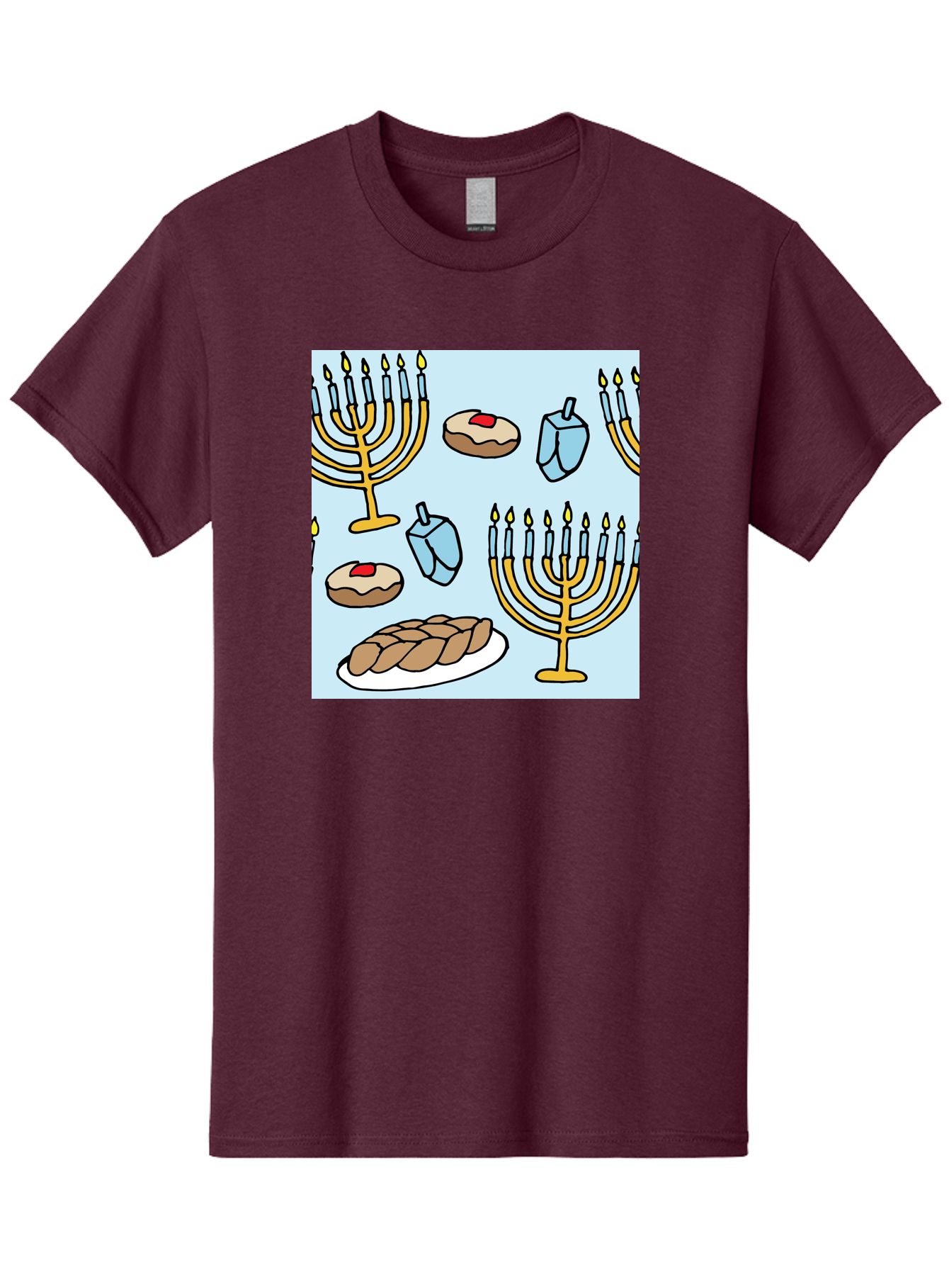 Hanukkah-Symbols Men'S Graphic Tee, 100% Cotton, Comfortable Casual Summer Wear, Machine Washable, Menorahs With Lit Candles, Sufganiyot Jelly Donuts, Dreidels, Challah Bread, Hanukkah Traditions, Jewish Holiday, Festive Food, -  Aaa910 13