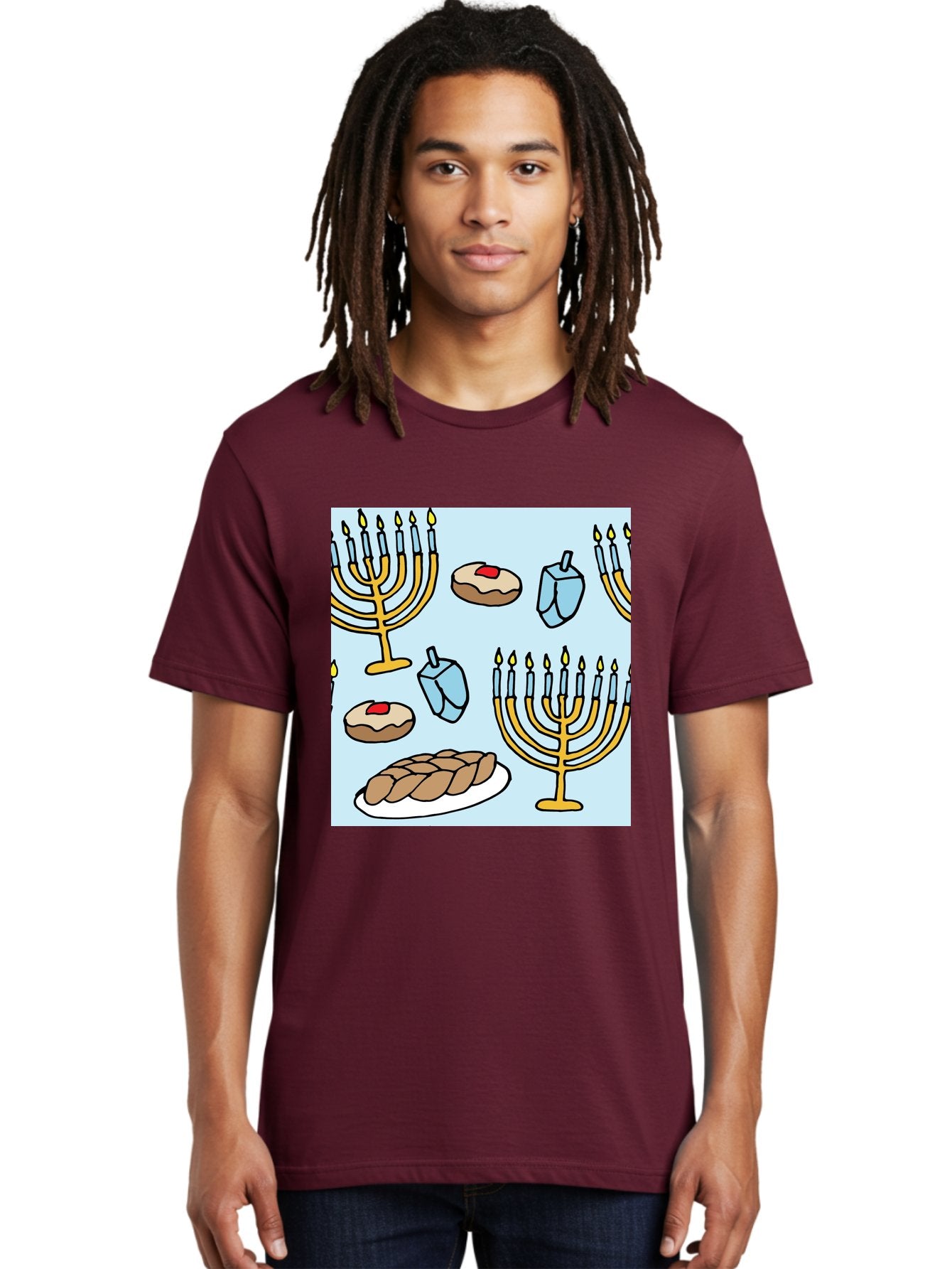 Hanukkah-Symbols Men'S Graphic Tee, 100% Cotton, Comfortable Casual Summer Wear, Machine Washable, Menorahs With Lit Candles, Sufganiyot Jelly Donuts, Dreidels, Challah Bread, Hanukkah Traditions, Jewish Holiday, Festive Food, -  Aaa910 16