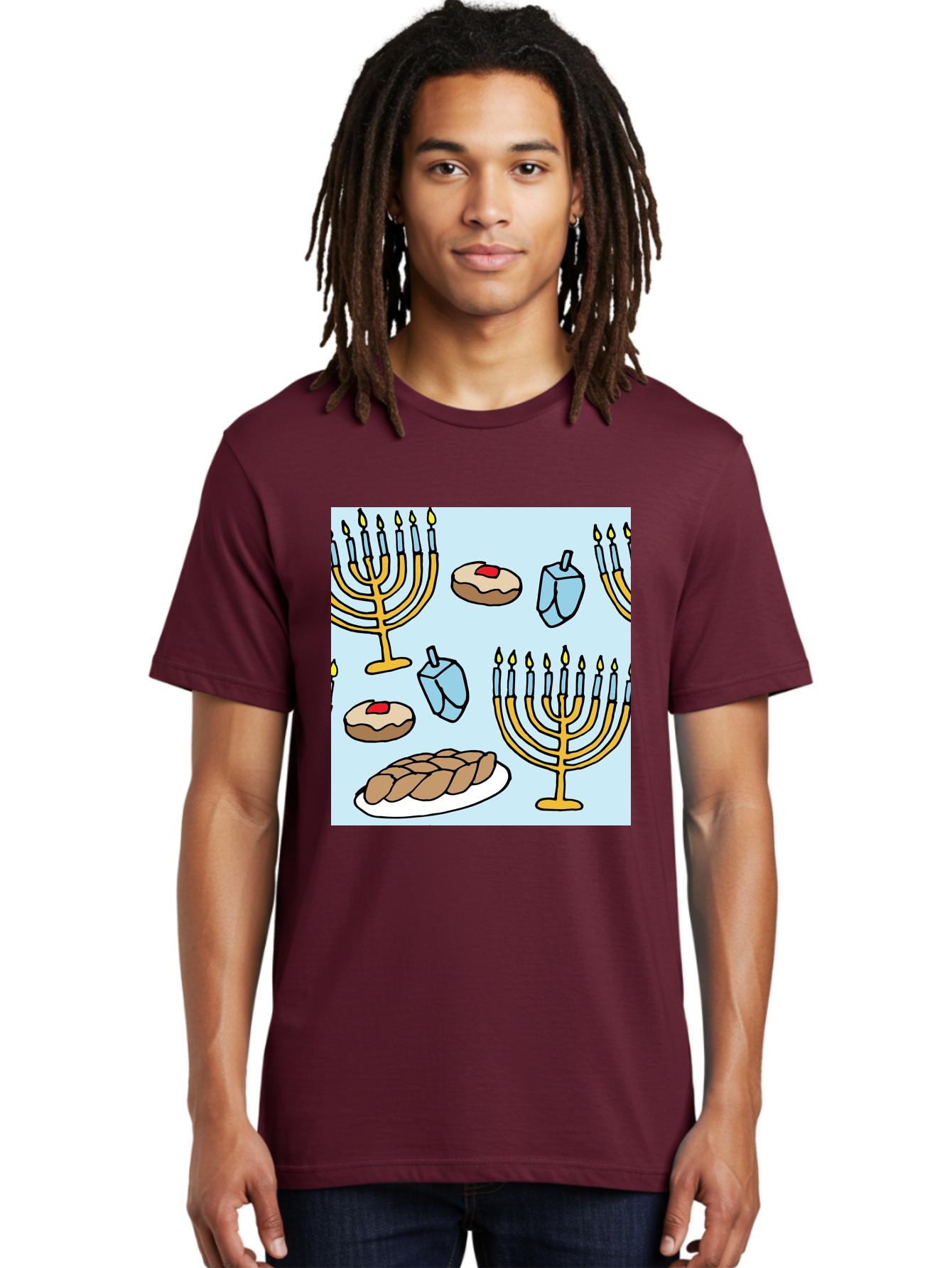Hanukkah-Symbols Men'S Graphic Tee, 100% Cotton, Comfortable Casual Summer Wear, Machine Washable, Menorahs With Lit Candles, Sufganiyot Jelly Donuts, Dreidels, Challah Bread, Hanukkah Traditions, Jewish Holiday, Festive Food, -  Aaa910 14