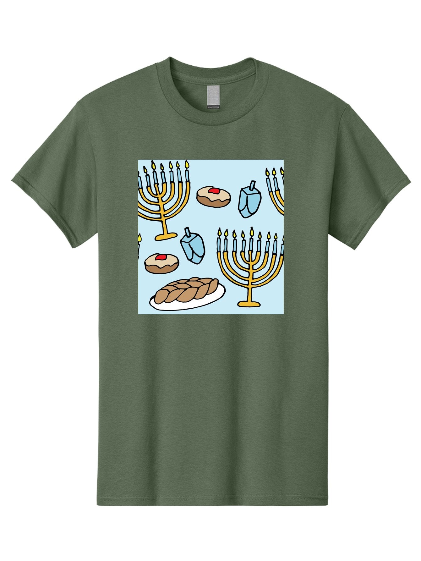 Hanukkah-Symbols Men'S Graphic Tee, 100% Cotton, Comfortable Casual Summer Wear, Machine Washable, Menorahs With Lit Candles, Sufganiyot Jelly Donuts, Dreidels, Challah Bread, Hanukkah Traditions, Jewish Holiday, Festive Food, -  Aaa910 15