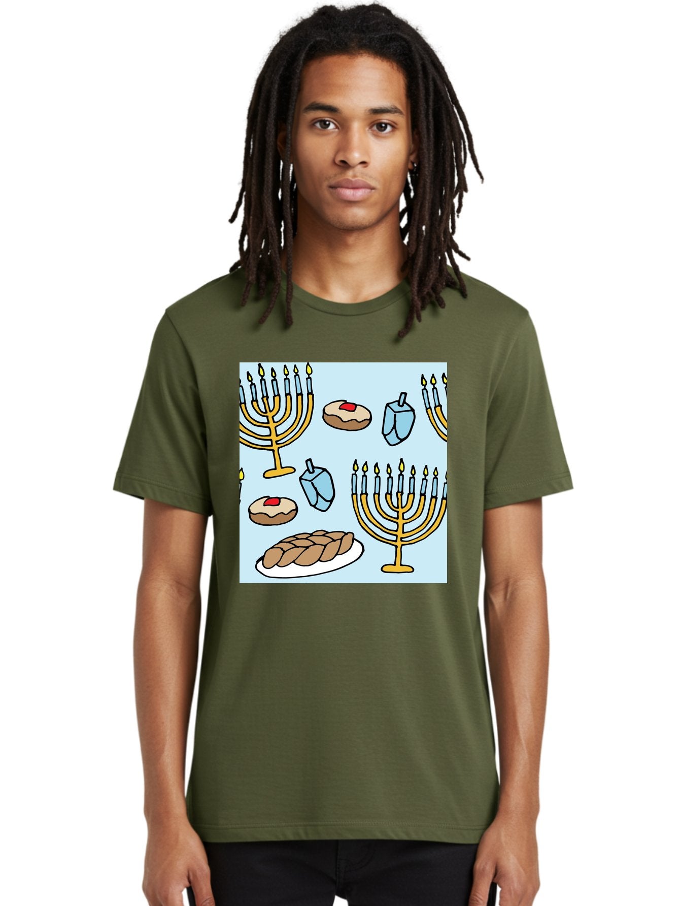 Hanukkah-Symbols Men'S Graphic Tee, 100% Cotton, Comfortable Casual Summer Wear, Machine Washable, Menorahs With Lit Candles, Sufganiyot Jelly Donuts, Dreidels, Challah Bread, Hanukkah Traditions, Jewish Holiday, Festive Food, -  Aaa910 30
