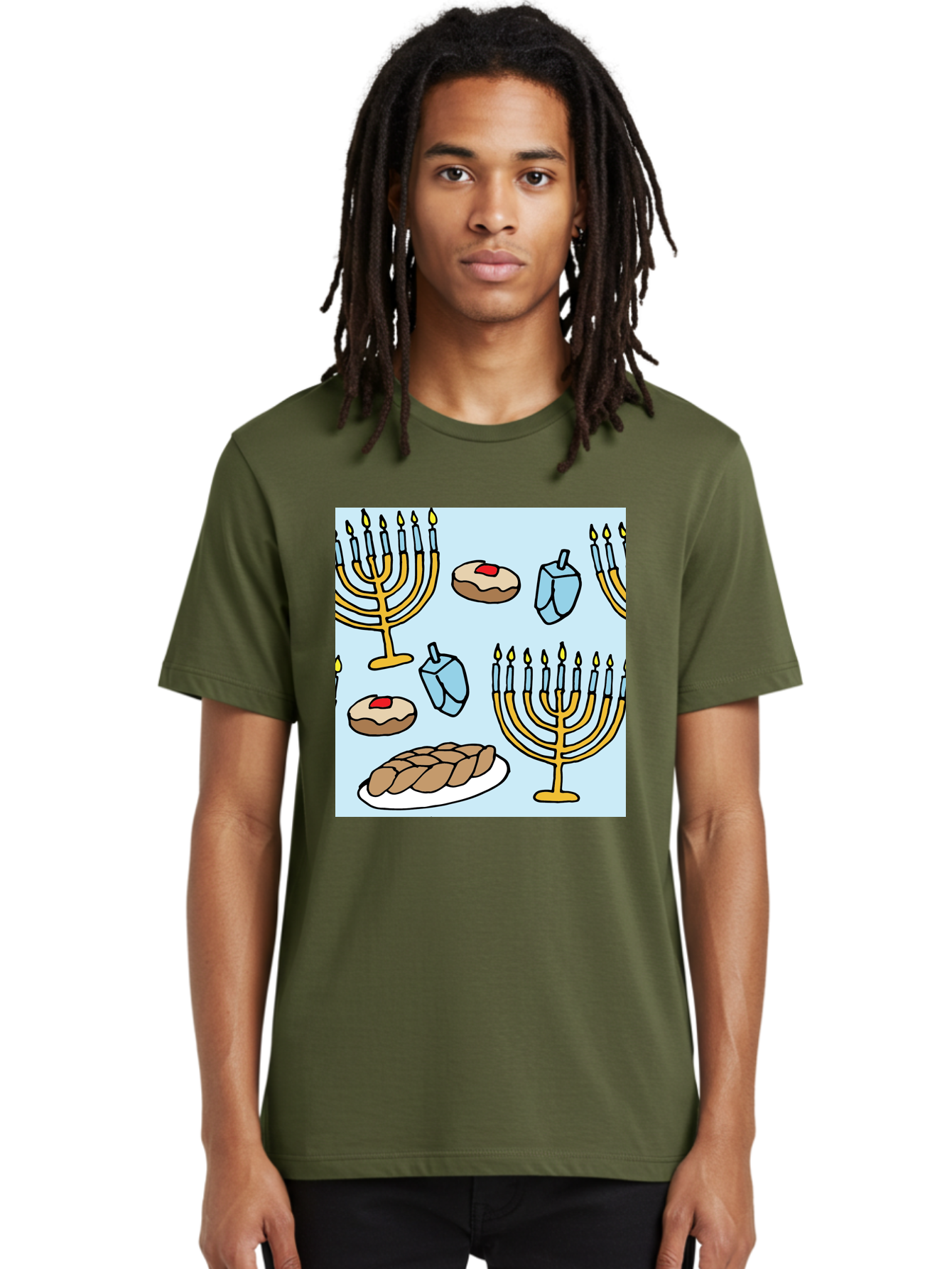 Hanukkah-Symbols Men'S Graphic Tee, 100% Cotton, Comfortable Casual Summer Wear, Machine Washable, Menorahs With Lit Candles, Sufganiyot Jelly Donuts, Dreidels, Challah Bread, Hanukkah Traditions, Jewish Holiday, Festive Food, -  Aaa910 16