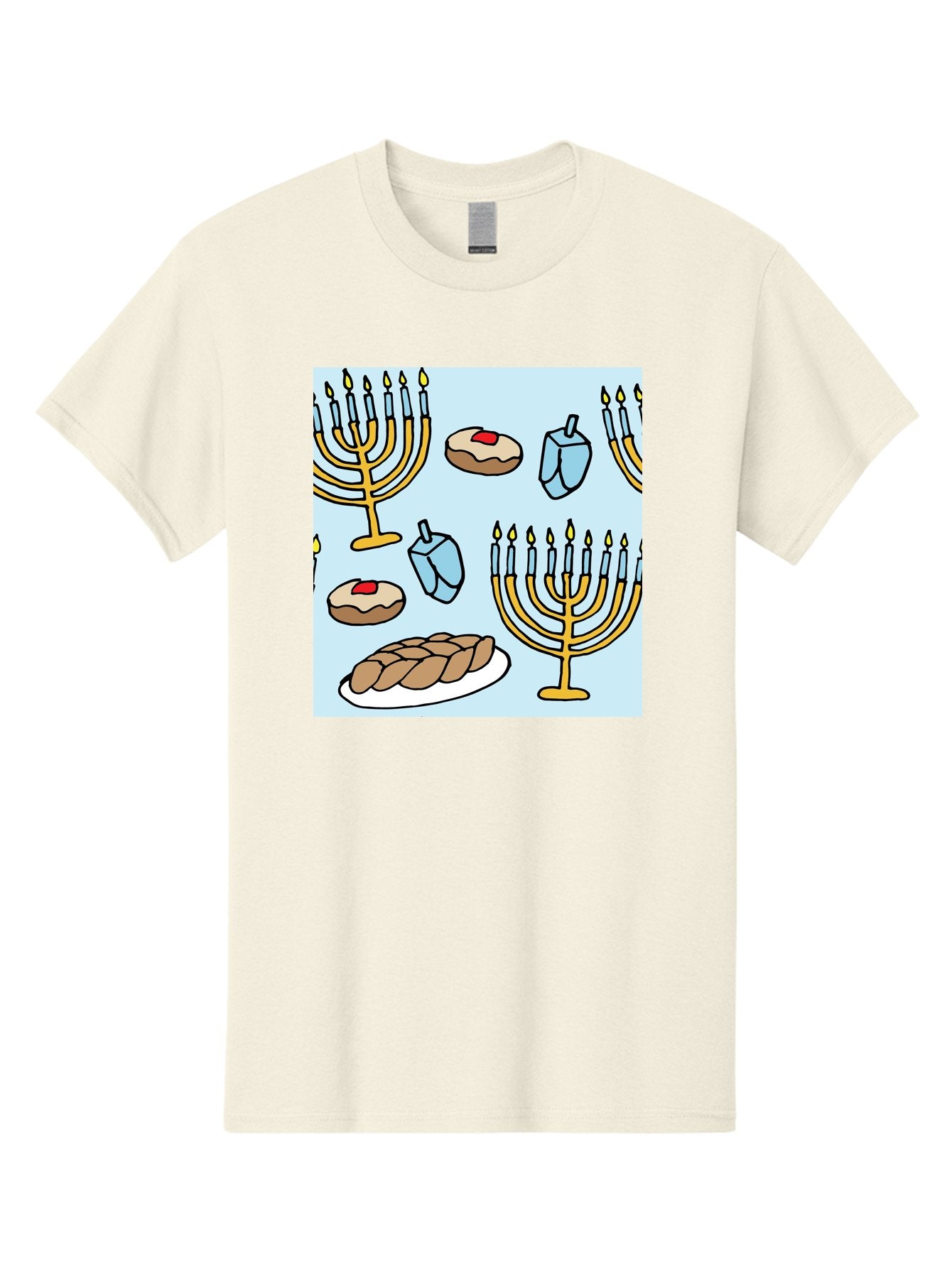 Hanukkah-Symbols Men'S Graphic Tee, 100% Cotton, Comfortable Casual Summer Wear, Machine Washable, Menorahs With Lit Candles, Sufganiyot Jelly Donuts, Dreidels, Challah Bread, Hanukkah Traditions, Jewish Holiday, Festive Food, -  Aaa910 12