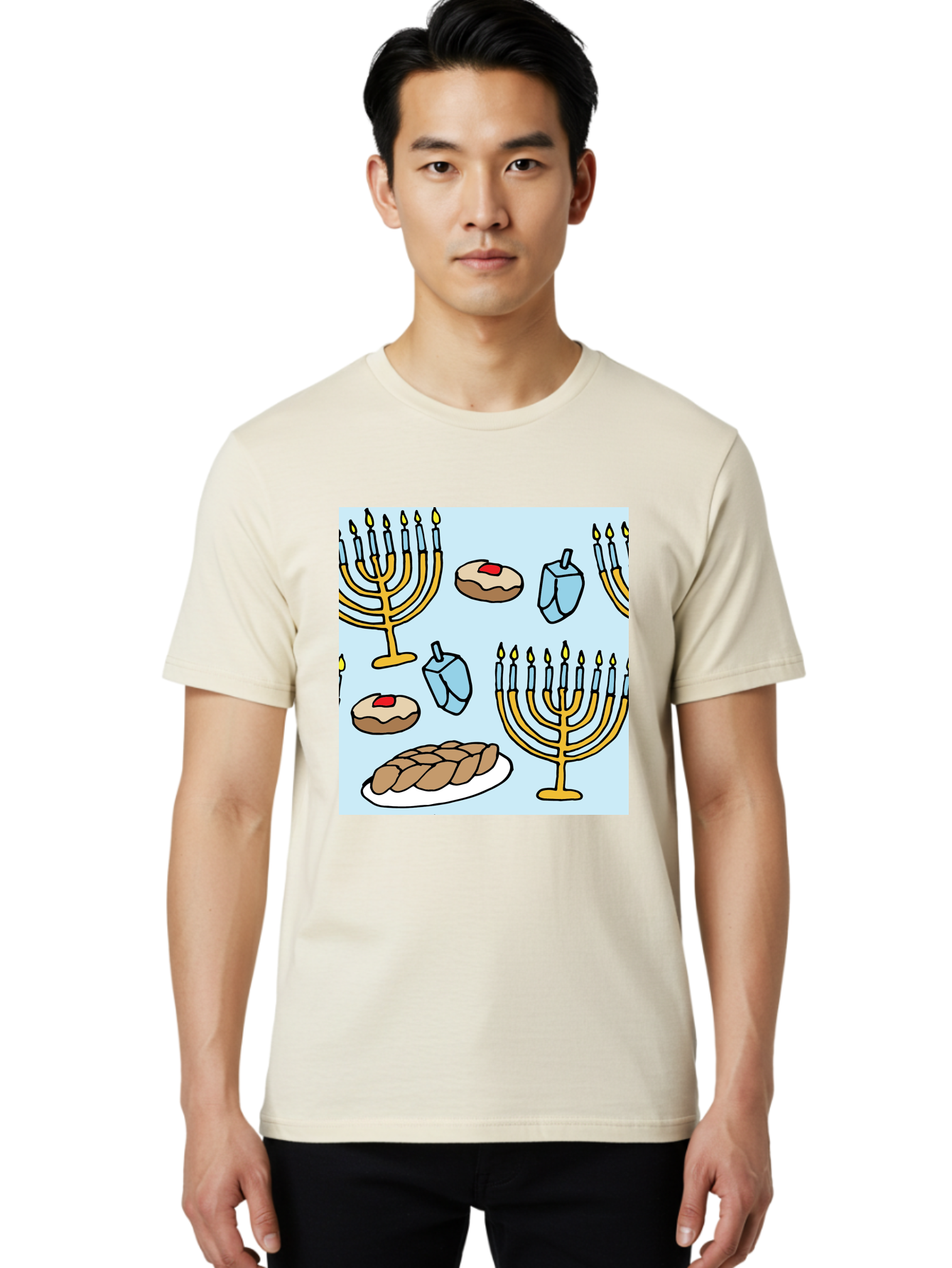 Hanukkah-Symbols Men'S Graphic Tee, 100% Cotton, Comfortable Casual Summer Wear, Machine Washable, Menorahs With Lit Candles, Sufganiyot Jelly Donuts, Dreidels, Challah Bread, Hanukkah Traditions, Jewish Holiday, Festive Food, -  Aaa910 18