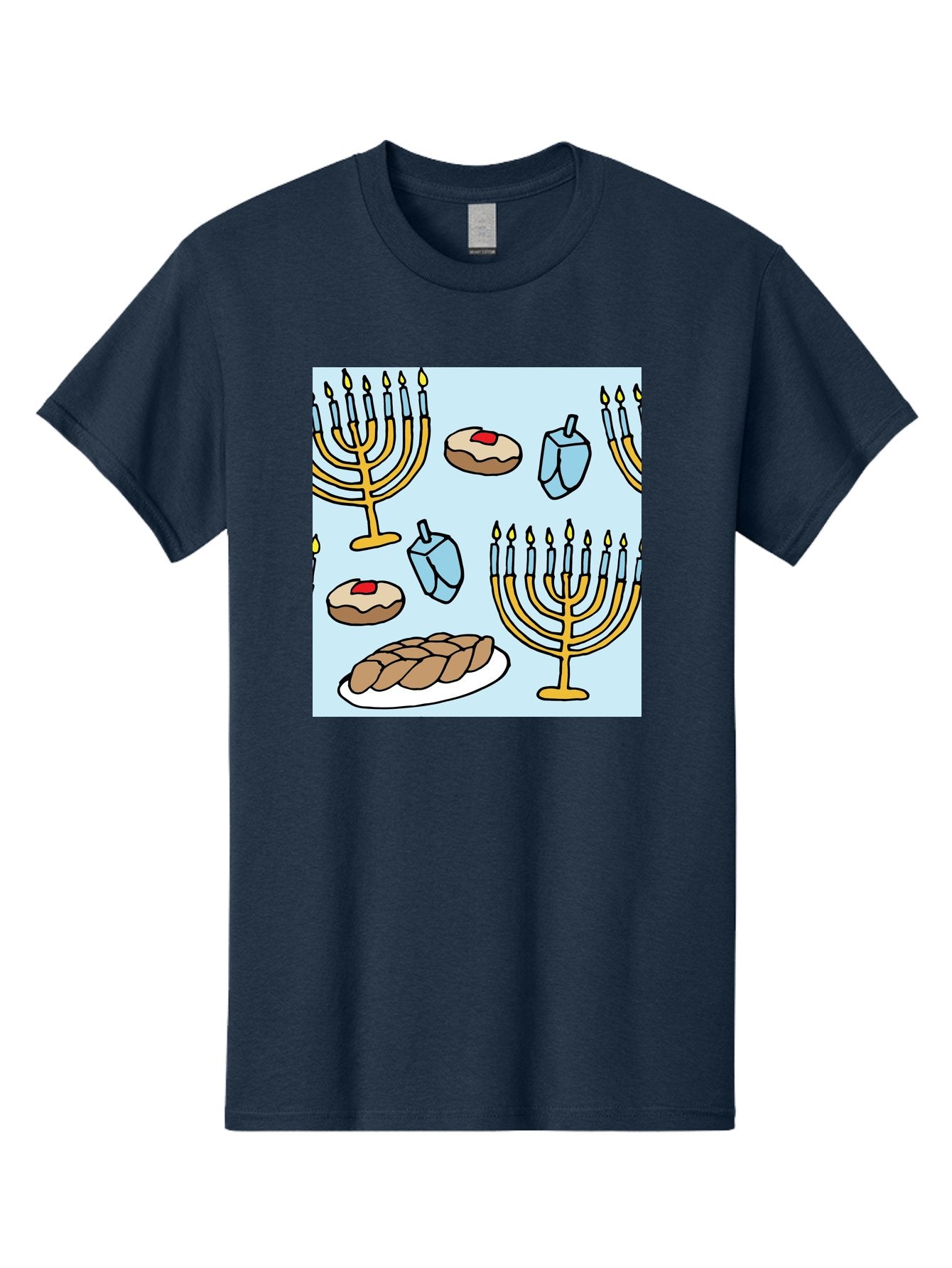 Hanukkah-Symbols Men'S Graphic Tee, 100% Cotton, Comfortable Casual Summer Wear, Machine Washable, Menorahs With Lit Candles, Sufganiyot Jelly Donuts, Dreidels, Challah Bread, Hanukkah Traditions, Jewish Holiday, Festive Food, -  Aaa910 10