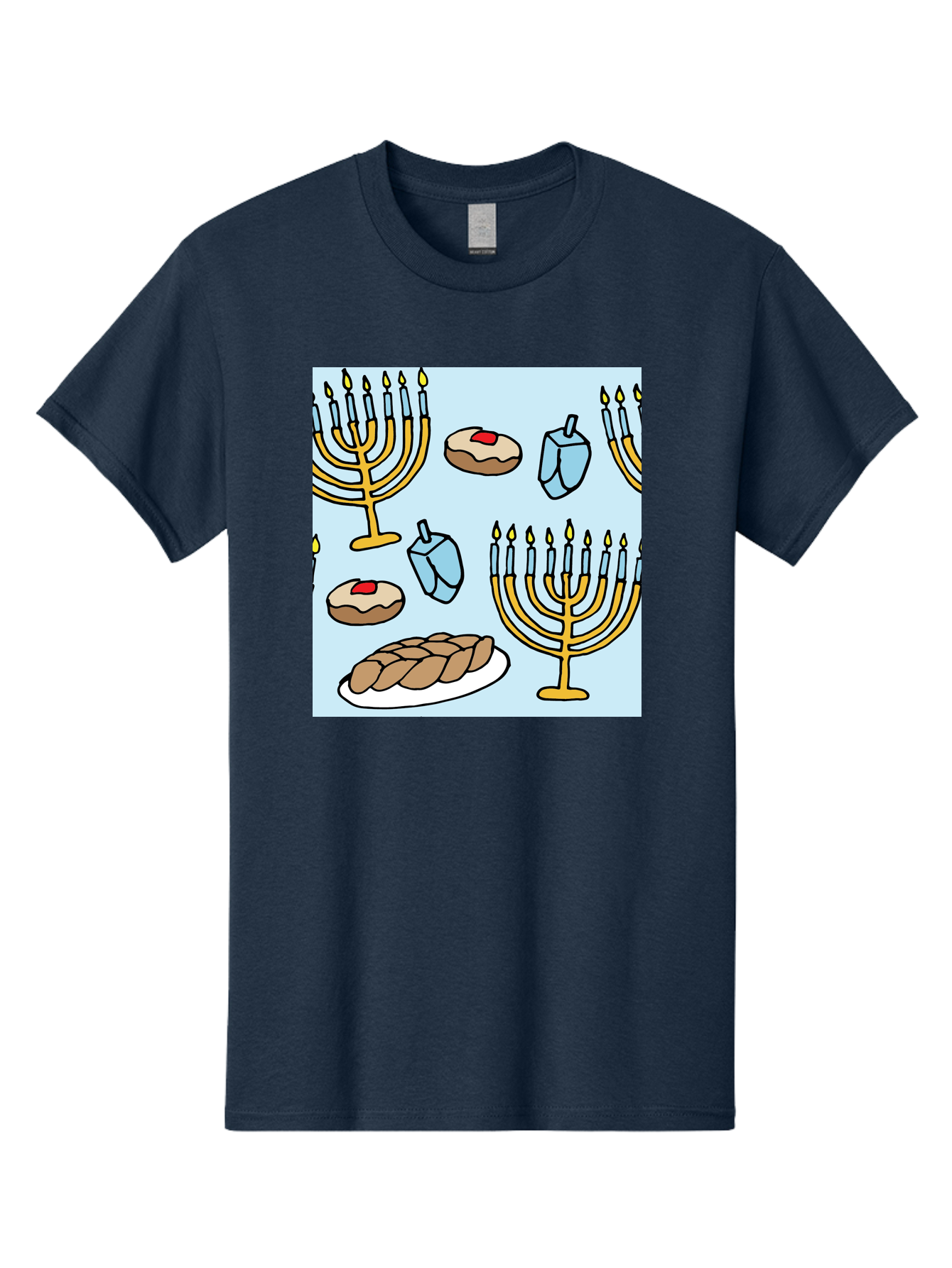 Hanukkah-Symbols Men'S Graphic Tee, 100% Cotton, Comfortable Casual Summer Wear, Machine Washable, Menorahs With Lit Candles, Sufganiyot Jelly Donuts, Dreidels, Challah Bread, Hanukkah Traditions, Jewish Holiday, Festive Food, -  Aaa910 19