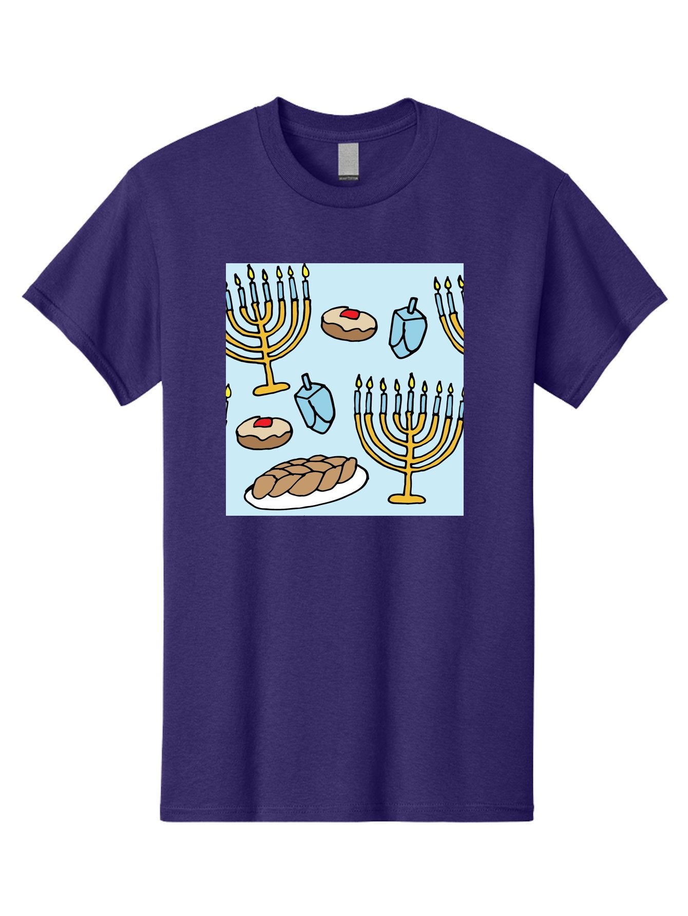 Hanukkah-Symbols Men'S Graphic Tee, 100% Cotton, Comfortable Casual Summer Wear, Machine Washable, Menorahs With Lit Candles, Sufganiyot Jelly Donuts, Dreidels, Challah Bread, Hanukkah Traditions, Jewish Holiday, Festive Food, -  Aaa910 3