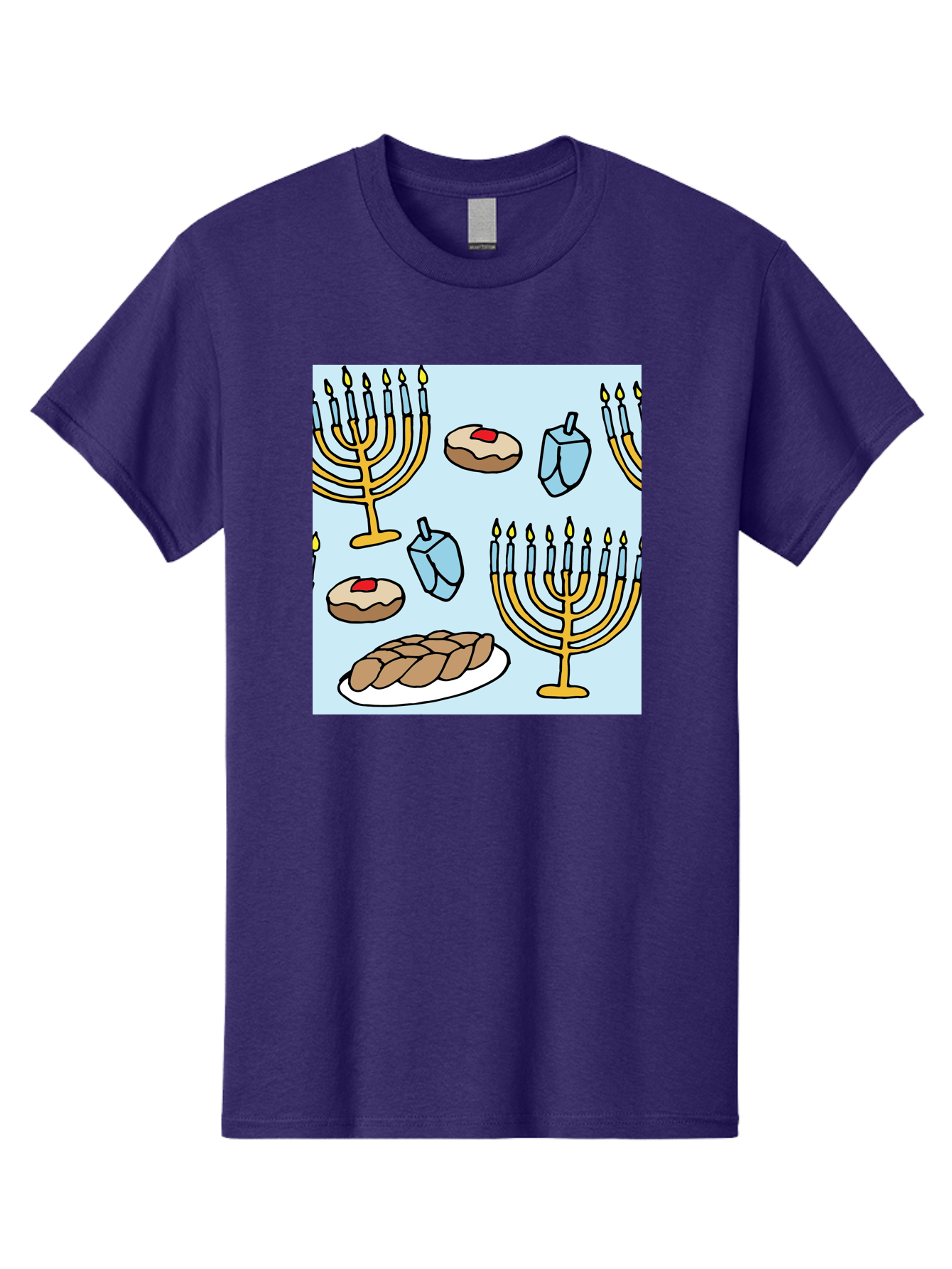 Hanukkah-Symbols Men'S Graphic Tee, 100% Cotton, Comfortable Casual Summer Wear, Machine Washable, Menorahs With Lit Candles, Sufganiyot Jelly Donuts, Dreidels, Challah Bread, Hanukkah Traditions, Jewish Holiday, Festive Food, -  Aaa910 21