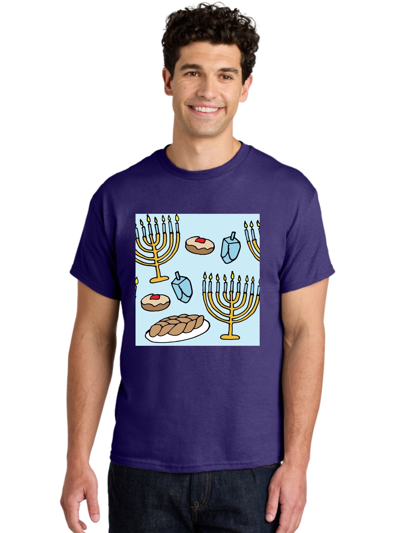 Hanukkah-Symbols Men'S Graphic Tee, 100% Cotton, Comfortable Casual Summer Wear, Machine Washable, Menorahs With Lit Candles, Sufganiyot Jelly Donuts, Dreidels, Challah Bread, Hanukkah Traditions, Jewish Holiday, Festive Food, -  Aaa910 22