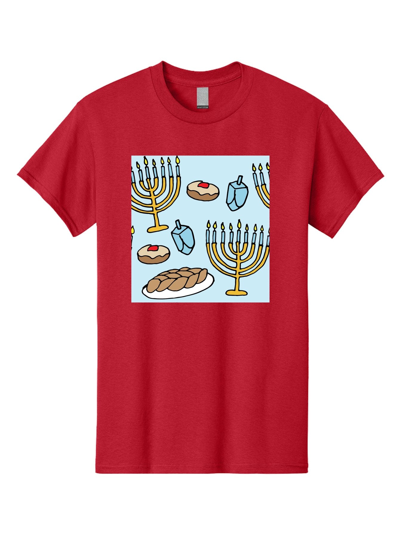 Hanukkah-Symbols Men'S Graphic Tee, 100% Cotton, Comfortable Casual Summer Wear, Machine Washable, Menorahs With Lit Candles, Sufganiyot Jelly Donuts, Dreidels, Challah Bread, Hanukkah Traditions, Jewish Holiday, Festive Food, -  Aaa910 11