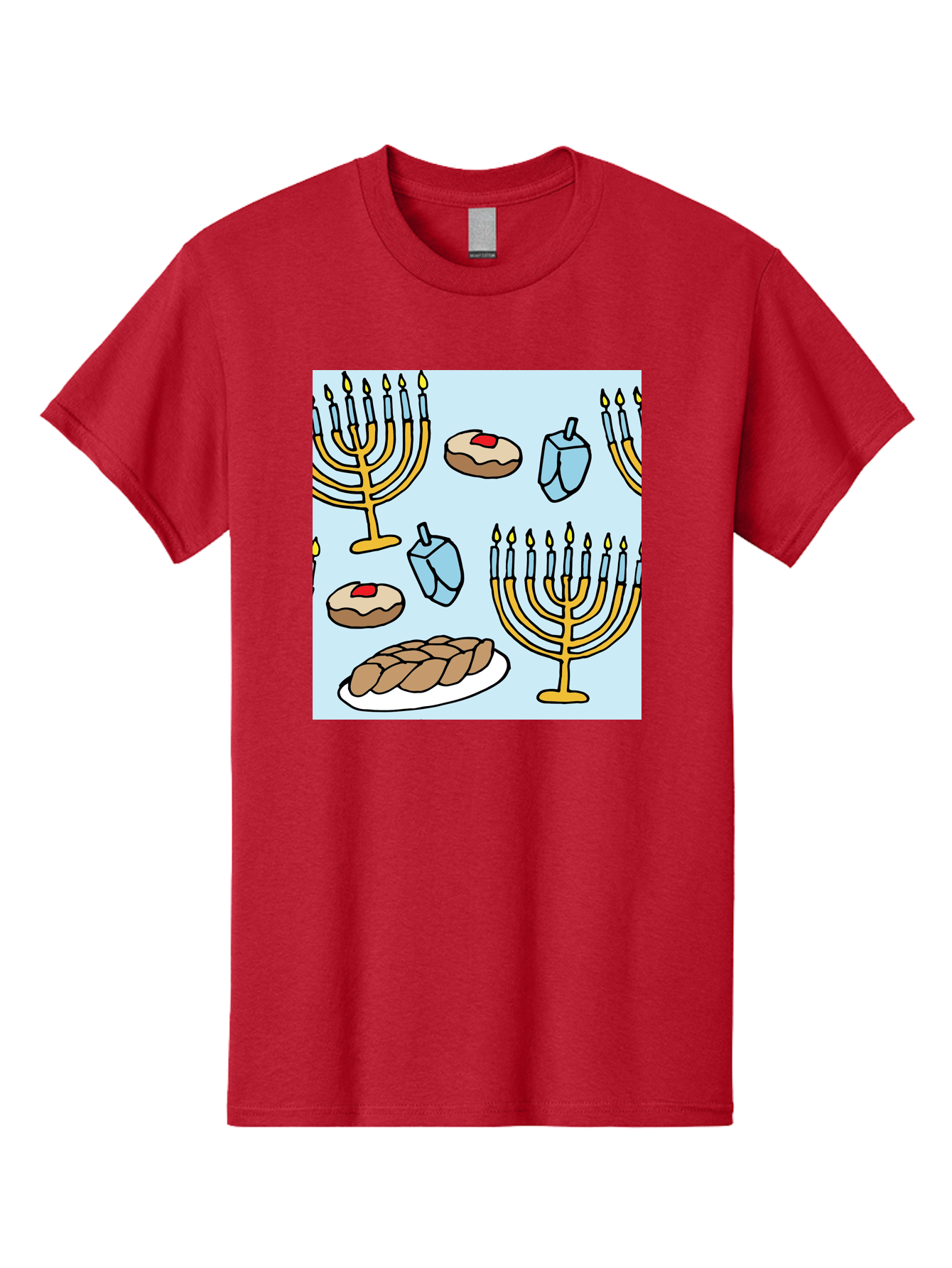 Hanukkah-Symbols Men'S Graphic Tee, 100% Cotton, Comfortable Casual Summer Wear, Machine Washable, Menorahs With Lit Candles, Sufganiyot Jelly Donuts, Dreidels, Challah Bread, Hanukkah Traditions, Jewish Holiday, Festive Food, -  Aaa910 23