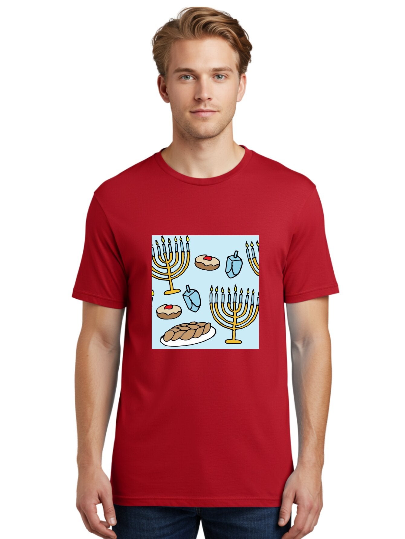 Hanukkah-Symbols Men'S Graphic Tee, 100% Cotton, Comfortable Casual Summer Wear, Machine Washable, Menorahs With Lit Candles, Sufganiyot Jelly Donuts, Dreidels, Challah Bread, Hanukkah Traditions, Jewish Holiday, Festive Food, -  Aaa910 27