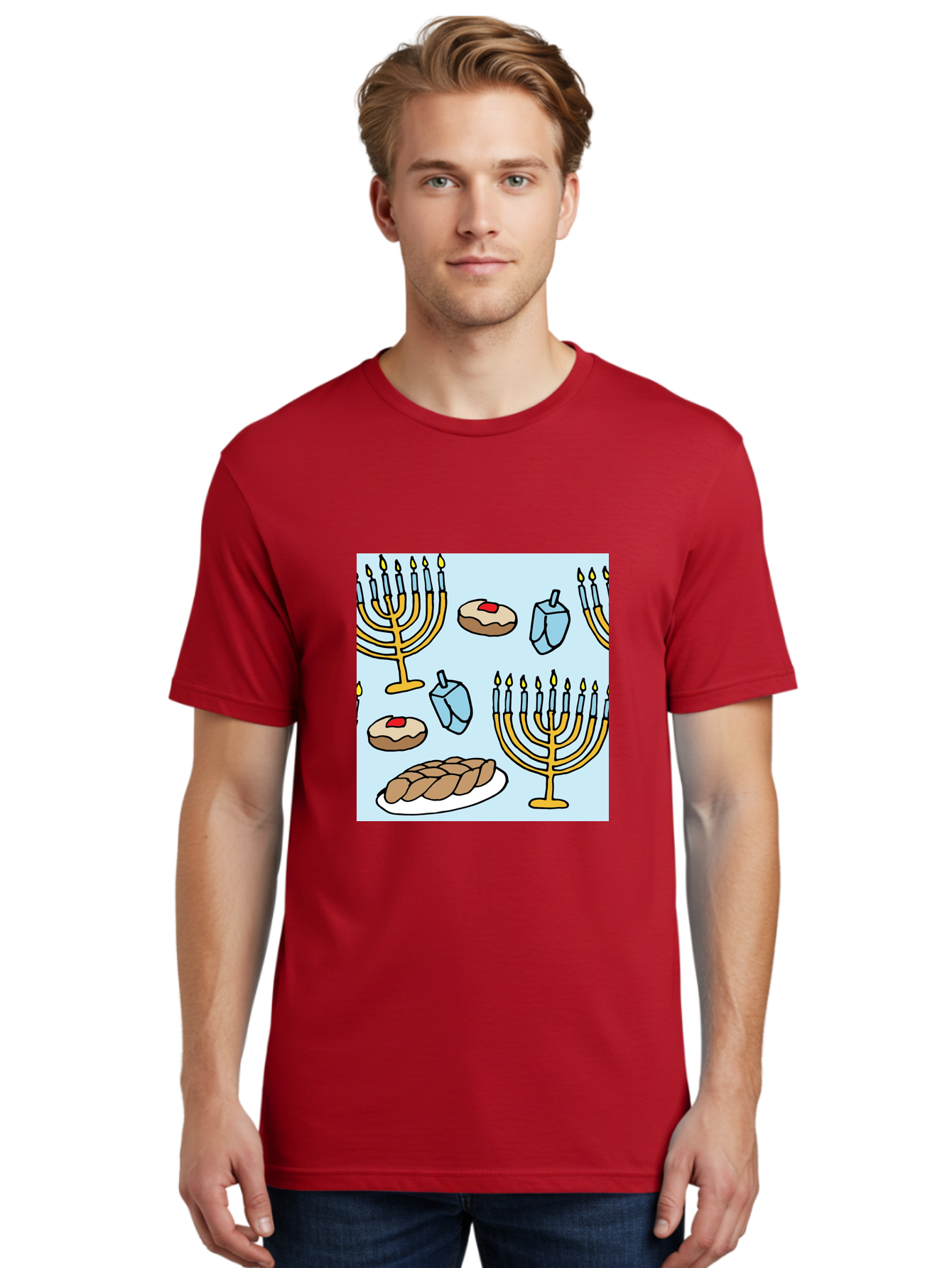 Hanukkah-Symbols Men'S Graphic Tee, 100% Cotton, Comfortable Casual Summer Wear, Machine Washable, Menorahs With Lit Candles, Sufganiyot Jelly Donuts, Dreidels, Challah Bread, Hanukkah Traditions, Jewish Holiday, Festive Food, -  Aaa910 24