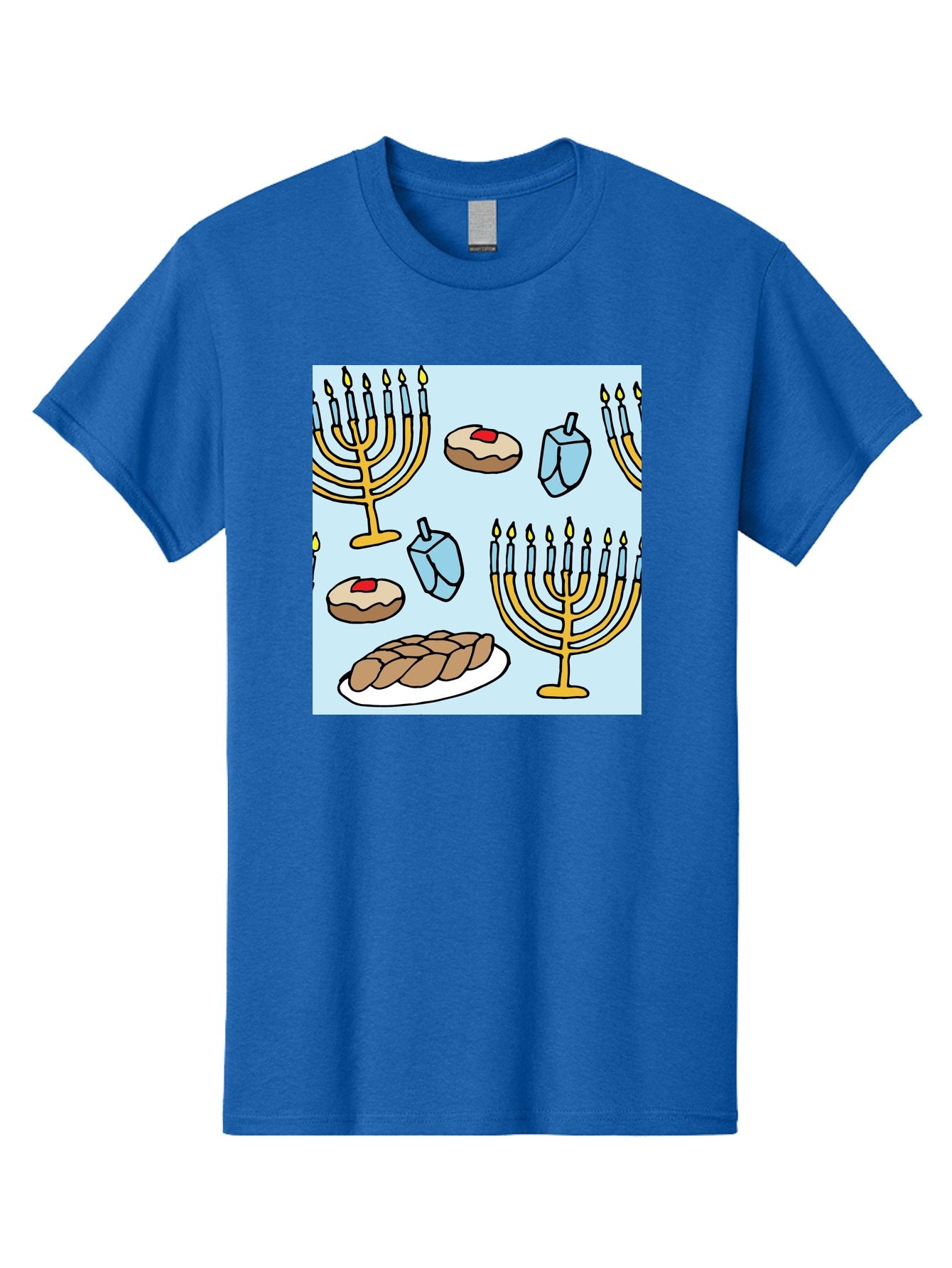 Hanukkah-Symbols Men'S Graphic Tee, 100% Cotton, Comfortable Casual Summer Wear, Machine Washable, Menorahs With Lit Candles, Sufganiyot Jelly Donuts, Dreidels, Challah Bread, Hanukkah Traditions, Jewish Holiday, Festive Food, -  Aaa910 5