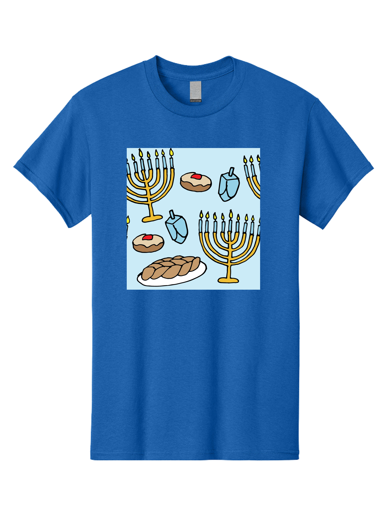 Hanukkah-Symbols Men'S Graphic Tee, 100% Cotton, Comfortable Casual Summer Wear, Machine Washable, Menorahs With Lit Candles, Sufganiyot Jelly Donuts, Dreidels, Challah Bread, Hanukkah Traditions, Jewish Holiday, Festive Food, -  Aaa910 25