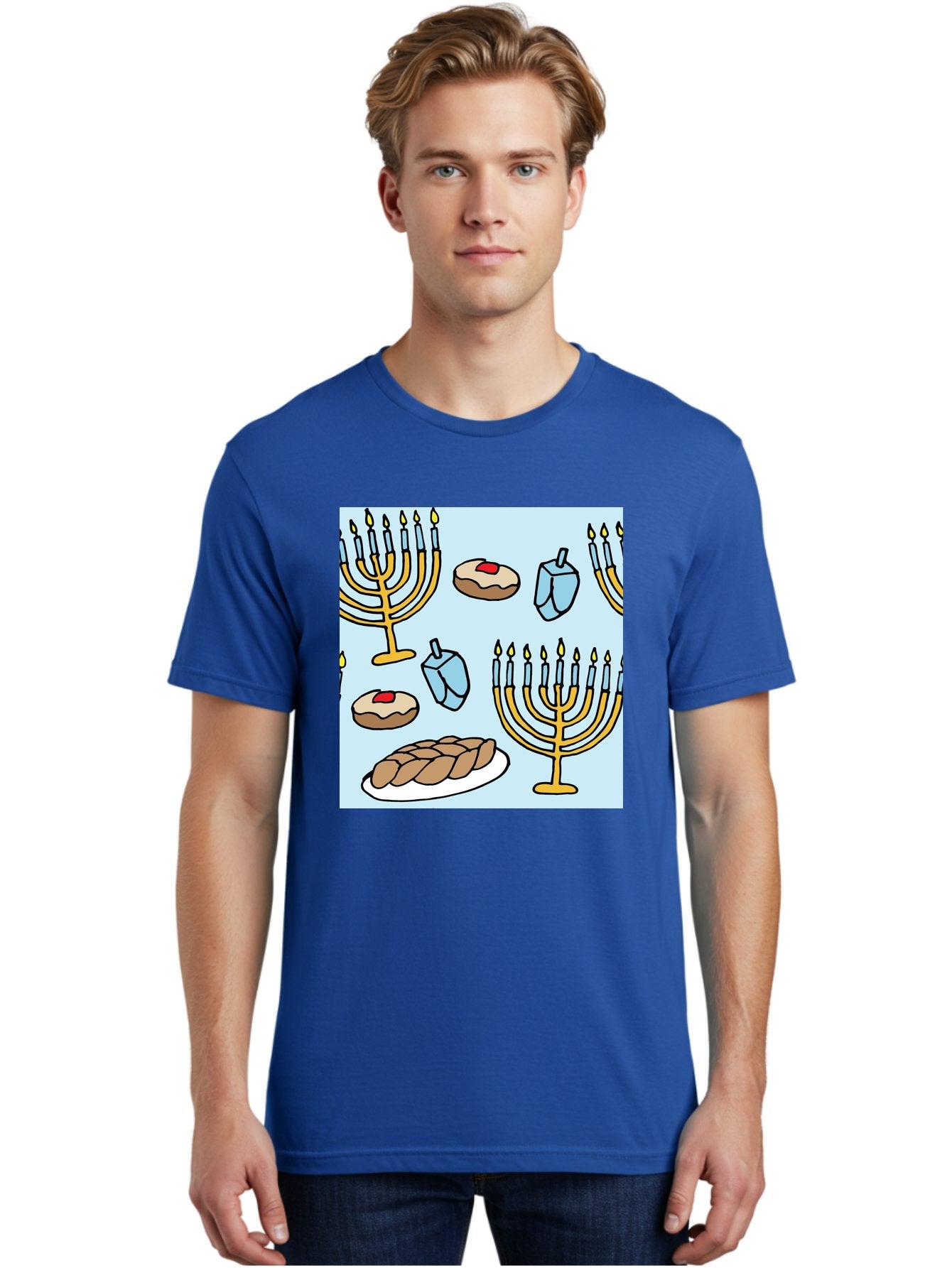 Hanukkah-Symbols Men'S Graphic Tee, 100% Cotton, Comfortable Casual Summer Wear, Machine Washable, Menorahs With Lit Candles, Sufganiyot Jelly Donuts, Dreidels, Challah Bread, Hanukkah Traditions, Jewish Holiday, Festive Food, -  Aaa910 23