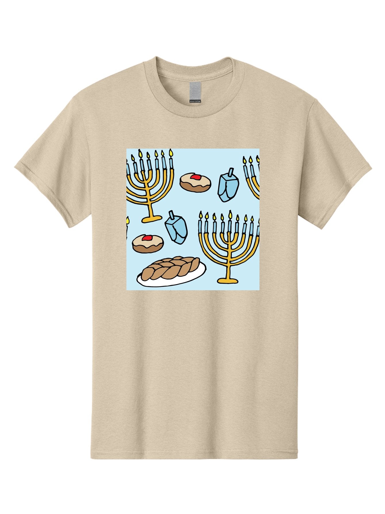 Hanukkah-Symbols Men'S Graphic Tee, 100% Cotton, Comfortable Casual Summer Wear, Machine Washable, Menorahs With Lit Candles, Sufganiyot Jelly Donuts, Dreidels, Challah Bread, Hanukkah Traditions, Jewish Holiday, Festive Food, -  Aaa910 6