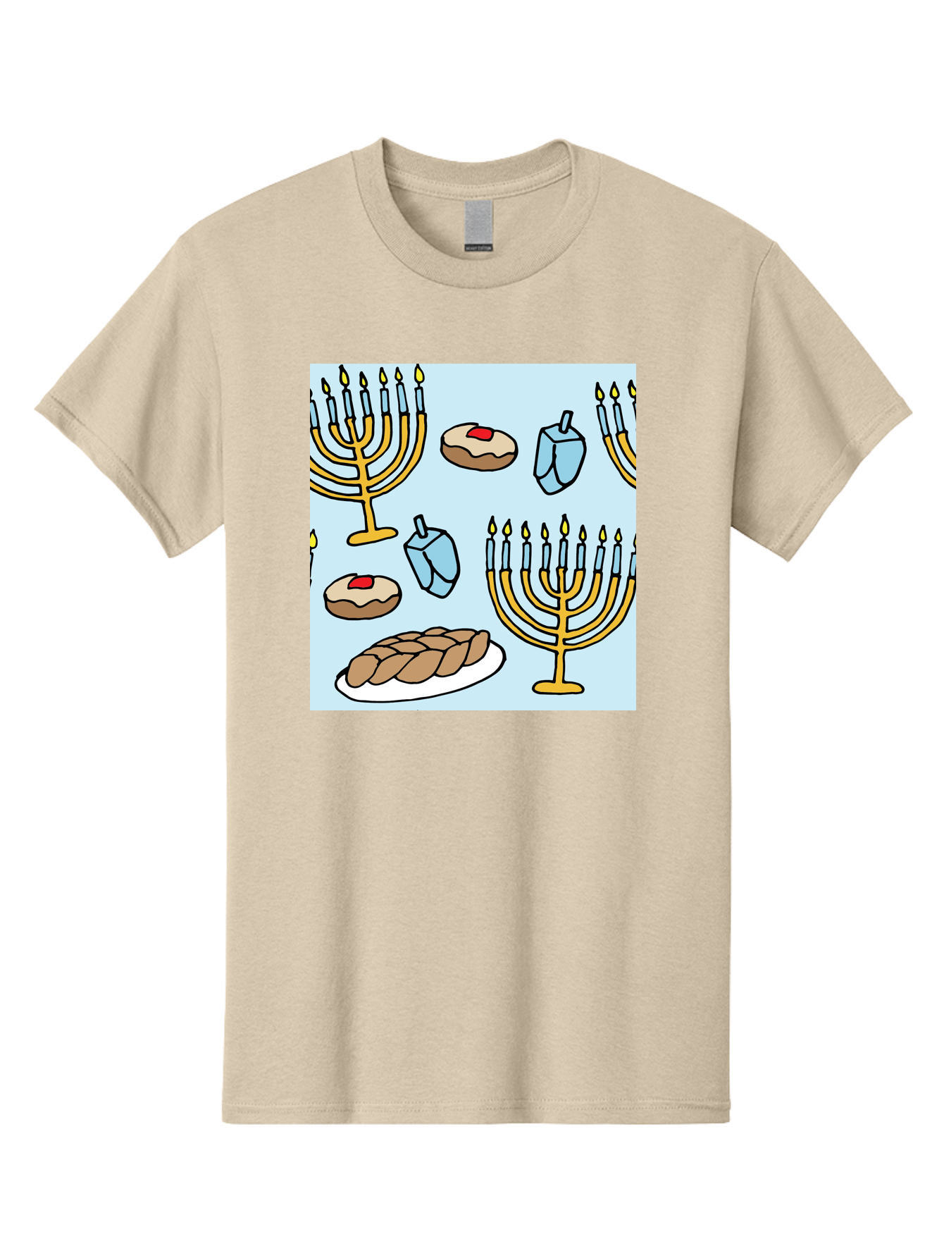 Hanukkah-Symbols Men'S Graphic Tee, 100% Cotton, Comfortable Casual Summer Wear, Machine Washable, Menorahs With Lit Candles, Sufganiyot Jelly Donuts, Dreidels, Challah Bread, Hanukkah Traditions, Jewish Holiday, Festive Food, -  Aaa910 27
