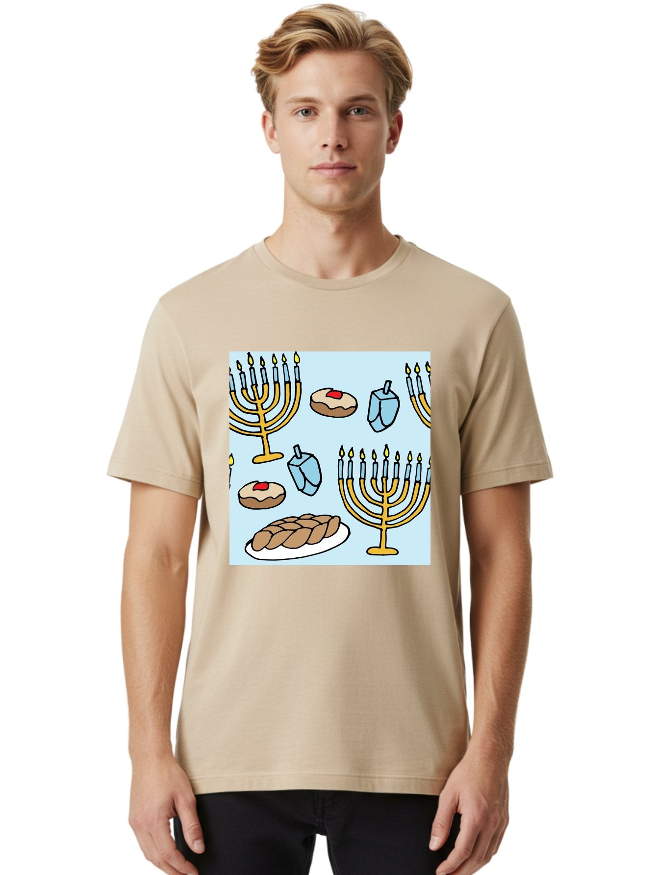 Hanukkah-Symbols Men'S Graphic Tee, 100% Cotton, Comfortable Casual Summer Wear, Machine Washable, Menorahs With Lit Candles, Sufganiyot Jelly Donuts, Dreidels, Challah Bread, Hanukkah Traditions, Jewish Holiday, Festive Food, -  Aaa910 24