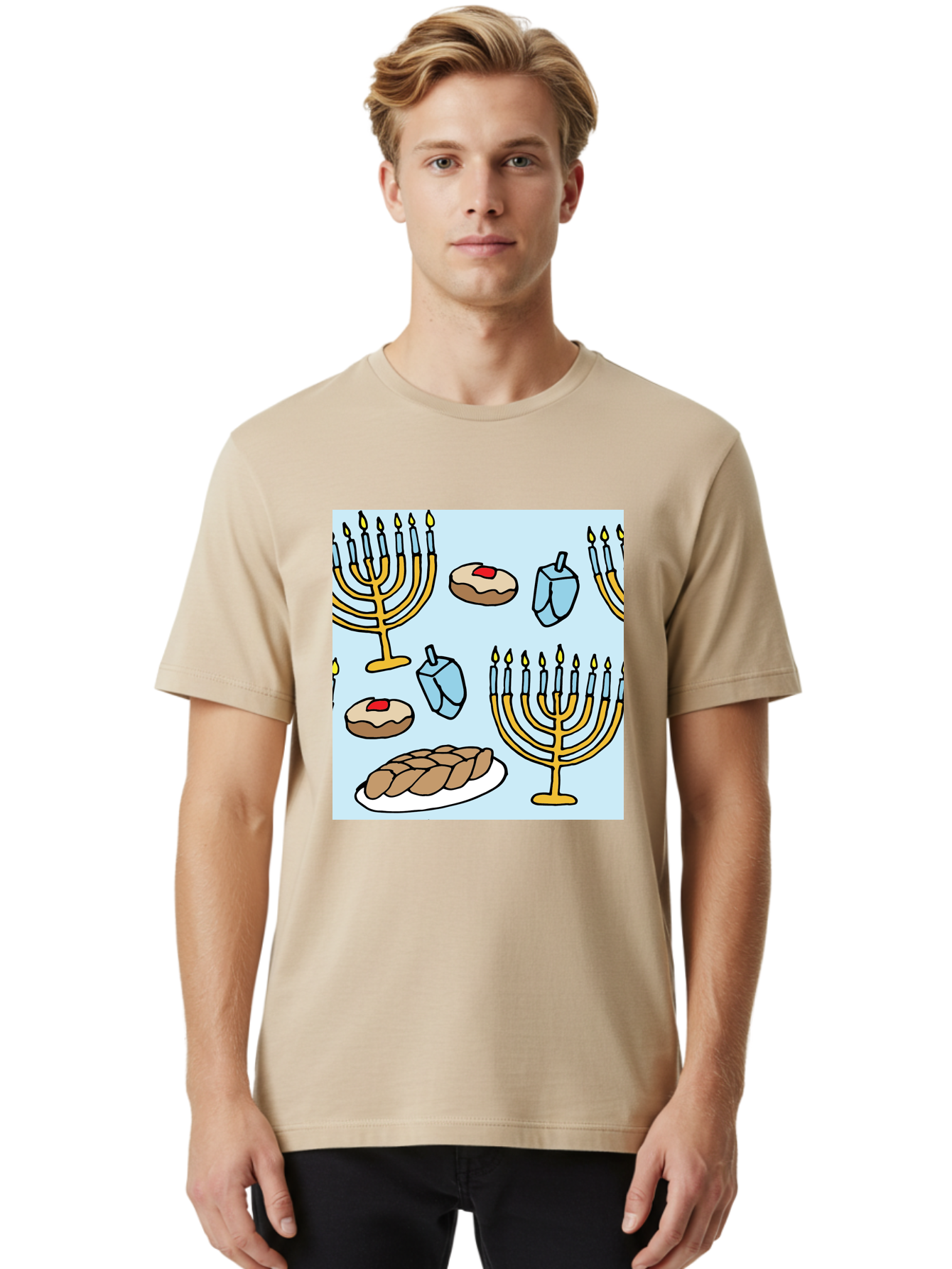 Hanukkah-Symbols Men'S Graphic Tee, 100% Cotton, Comfortable Casual Summer Wear, Machine Washable, Menorahs With Lit Candles, Sufganiyot Jelly Donuts, Dreidels, Challah Bread, Hanukkah Traditions, Jewish Holiday, Festive Food, -  Aaa910 28