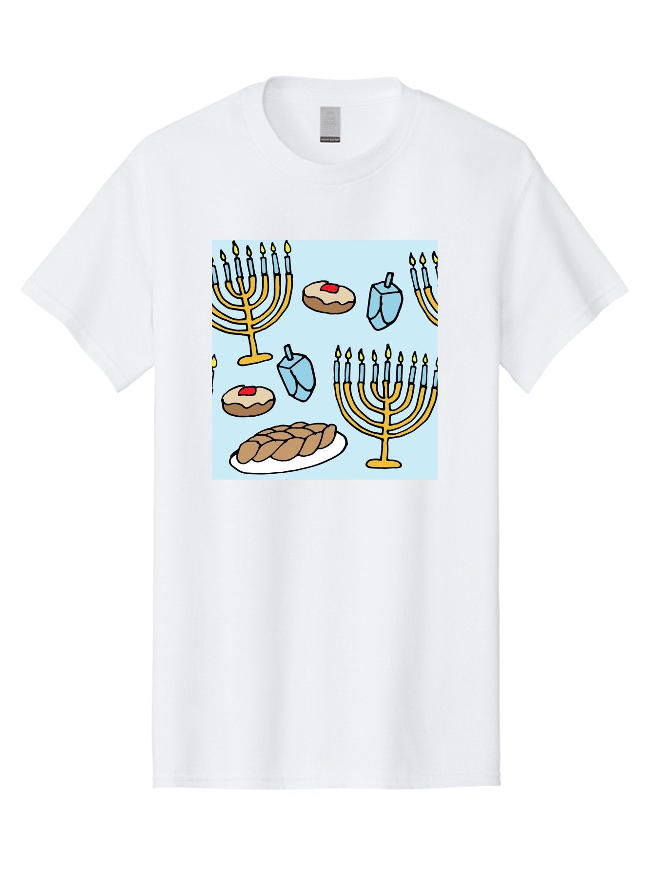 Hanukkah-Symbols Men'S Graphic Tee, 100% Cotton, Comfortable Casual Summer Wear, Machine Washable, Menorahs With Lit Candles, Sufganiyot Jelly Donuts, Dreidels, Challah Bread, Hanukkah Traditions, Jewish Holiday, Festive Food, -  Aaa910 4