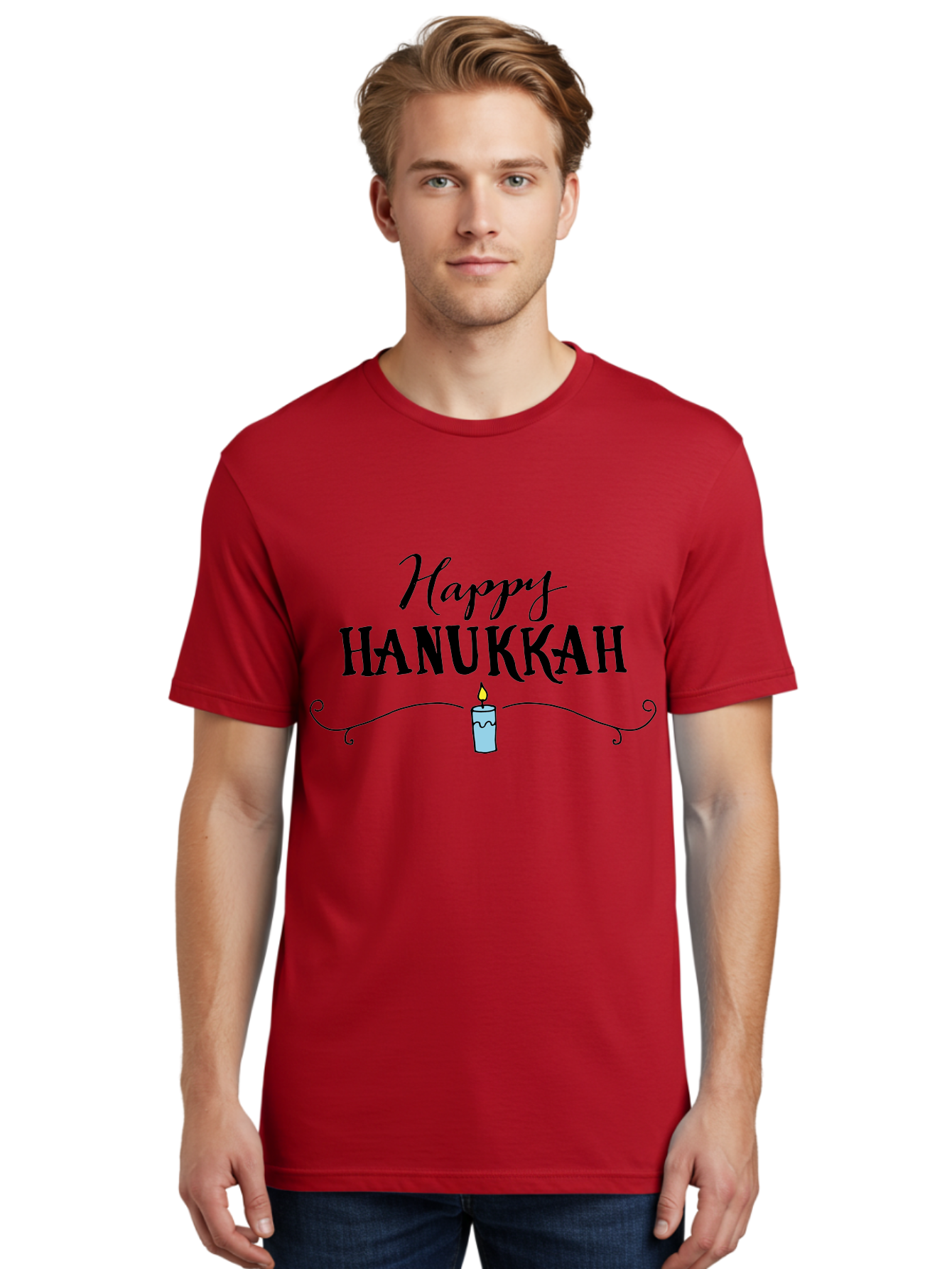Happy-Hanukkah Men'S Graphic Tee, 100% Cotton, Comfortable Casual Summer Wear, Machine Washable, Happy Hanukkah, Hanukkah Candle, Menorah Candle, Jewish Holiday, Festive Greeting, Traditional Celebration, Holiday Wishes, Menorah Traditions -  Aaa912 24