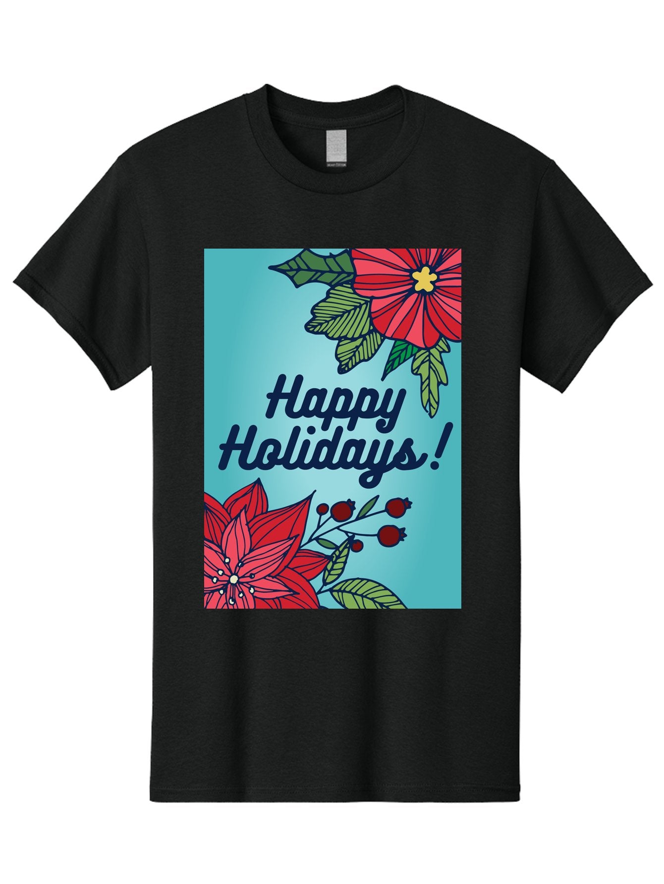 Happy-Holidays-5 Men'S Graphic Tee, 100% Cotton, Comfortable Casual Summer Wear, Machine Washable, Happy Holidays, Red Poinsettias, Festive Flowers, Holiday Cheer, Seasonal Greetings, Red Berries, Holly Leaves, Dark Blue Text, -  Aaa917 15