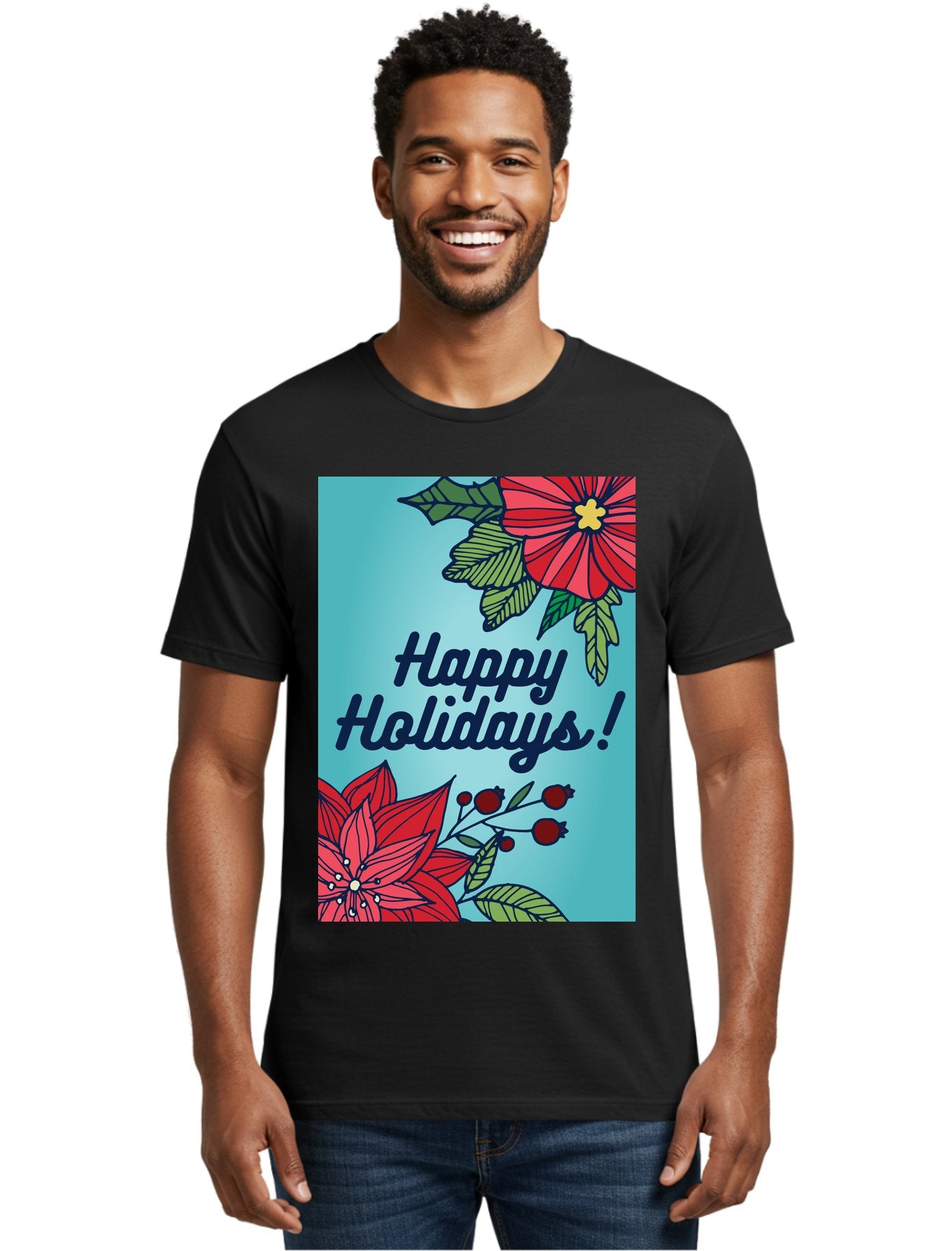 Happy-Holidays-5 Men'S Graphic Tee, 100% Cotton, Comfortable Casual Summer Wear, Machine Washable, Happy Holidays, Red Poinsettias, Festive Flowers, Holiday Cheer, Seasonal Greetings, Red Berries, Holly Leaves, Dark Blue Text, -  Aaa917 30