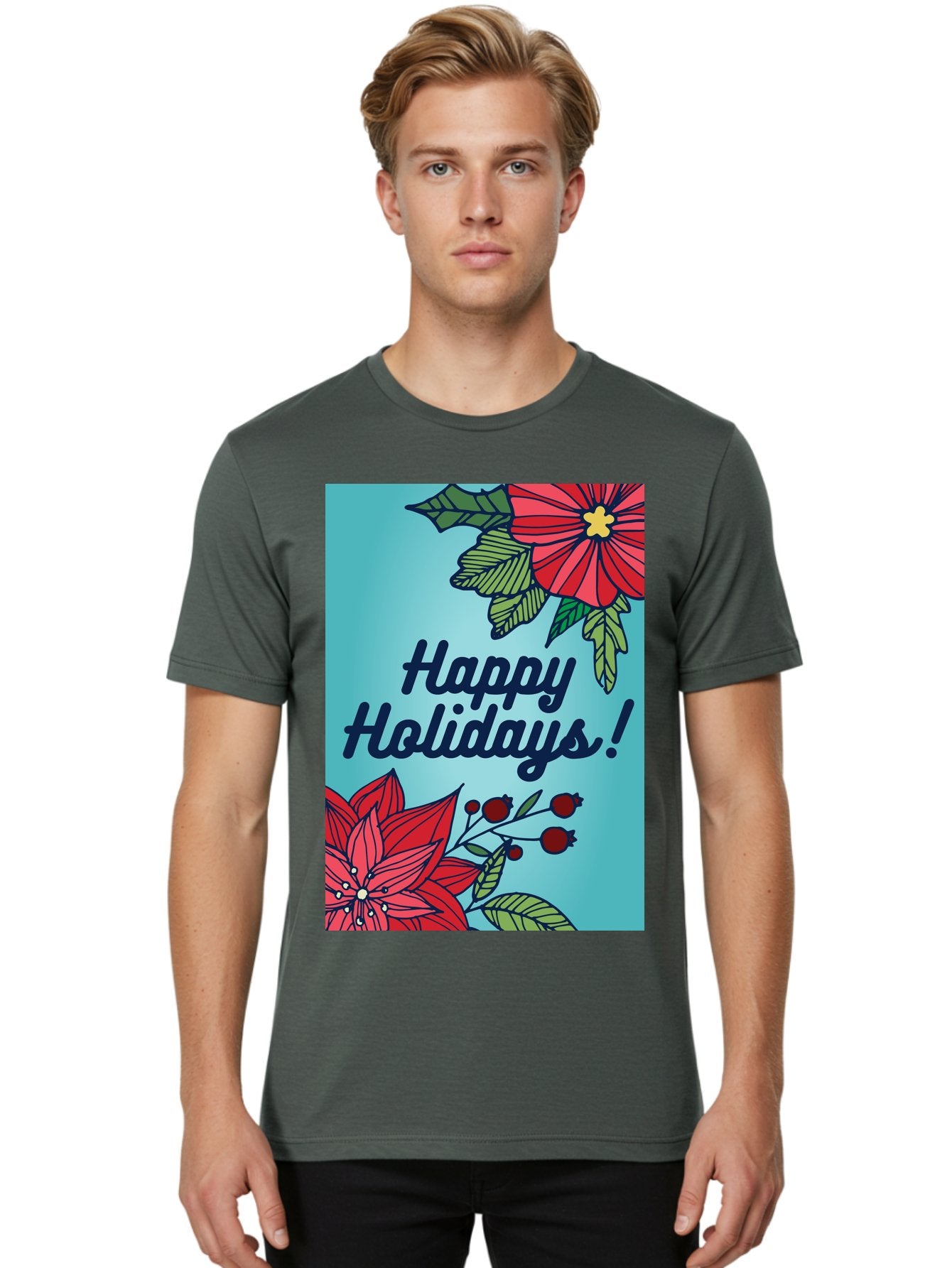 Happy-Holidays-5 Men'S Graphic Tee, 100% Cotton, Comfortable Casual Summer Wear, Machine Washable, Happy Holidays, Red Poinsettias, Festive Flowers, Holiday Cheer, Seasonal Greetings, Red Berries, Holly Leaves, Dark Blue Text, -  Aaa917 25