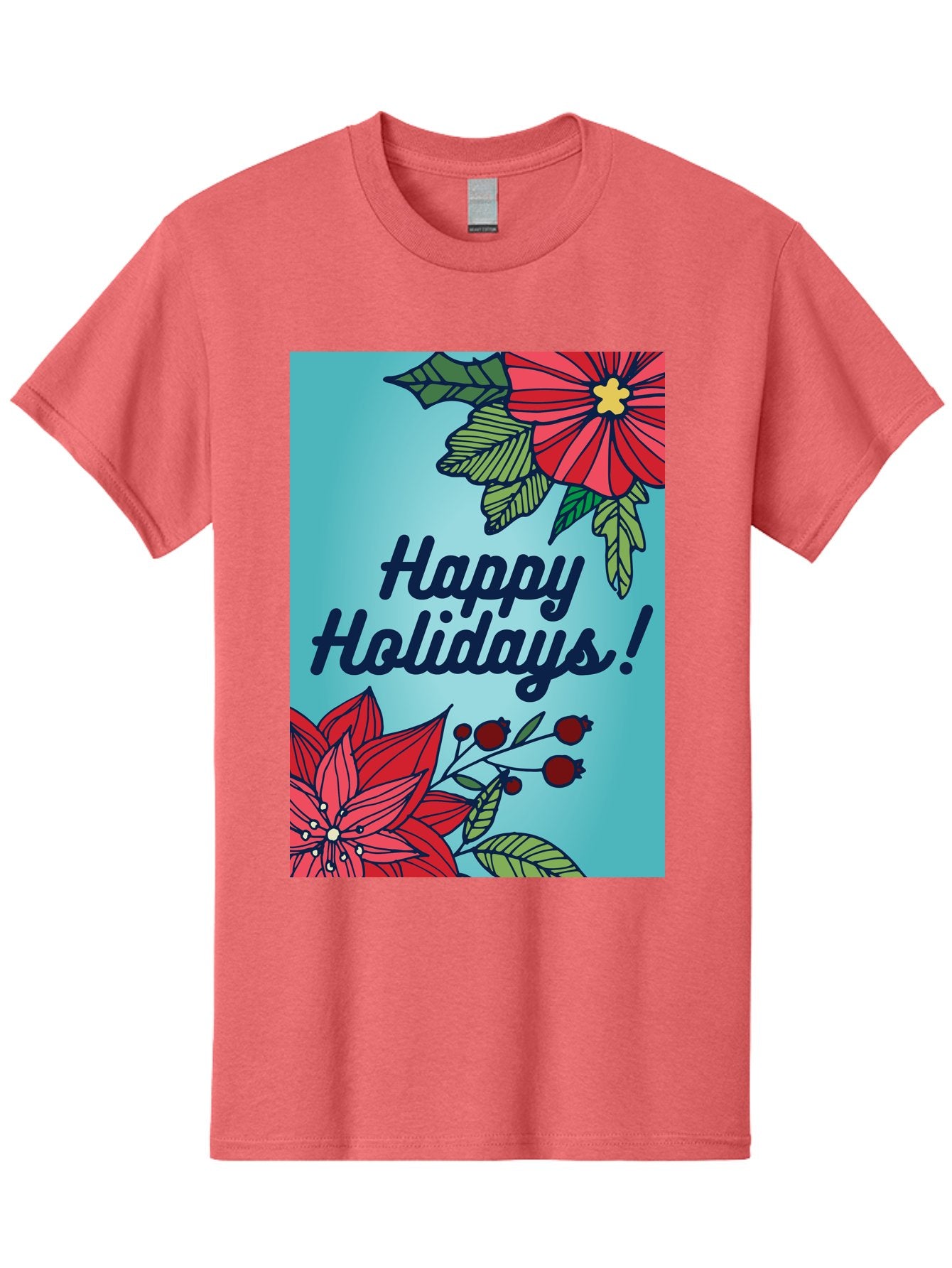 Happy-Holidays-5 Men'S Graphic Tee, 100% Cotton, Comfortable Casual Summer Wear, Machine Washable, Happy Holidays, Red Poinsettias, Festive Flowers, Holiday Cheer, Seasonal Greetings, Red Berries, Holly Leaves, Dark Blue Text, -  Aaa917 4