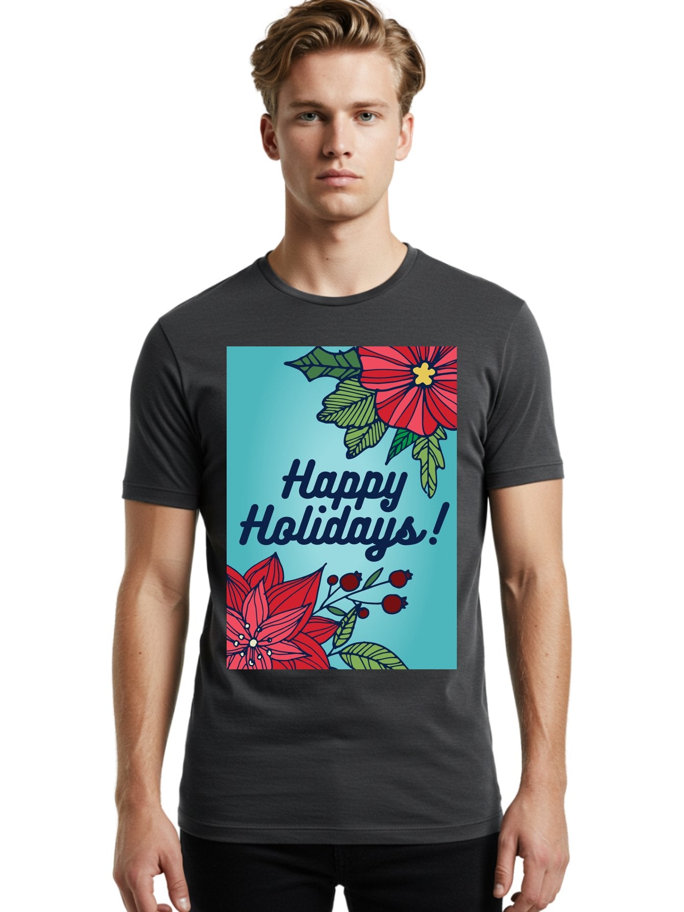 Happy-Holidays-5 Men'S Graphic Tee, 100% Cotton, Comfortable Casual Summer Wear, Machine Washable, Happy Holidays, Red Poinsettias, Festive Flowers, Holiday Cheer, Seasonal Greetings, Red Berries, Holly Leaves, Dark Blue Text, -  Aaa917 16