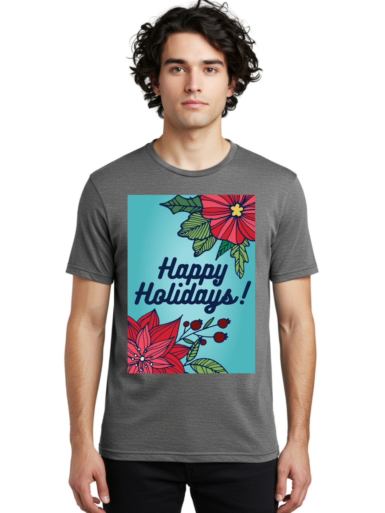 Happy-Holidays-5 Men'S Graphic Tee, 100% Cotton, Comfortable Casual Summer Wear, Machine Washable, Happy Holidays, Red Poinsettias, Festive Flowers, Holiday Cheer, Seasonal Greetings, Red Berries, Holly Leaves, Dark Blue Text, -  Aaa917 20