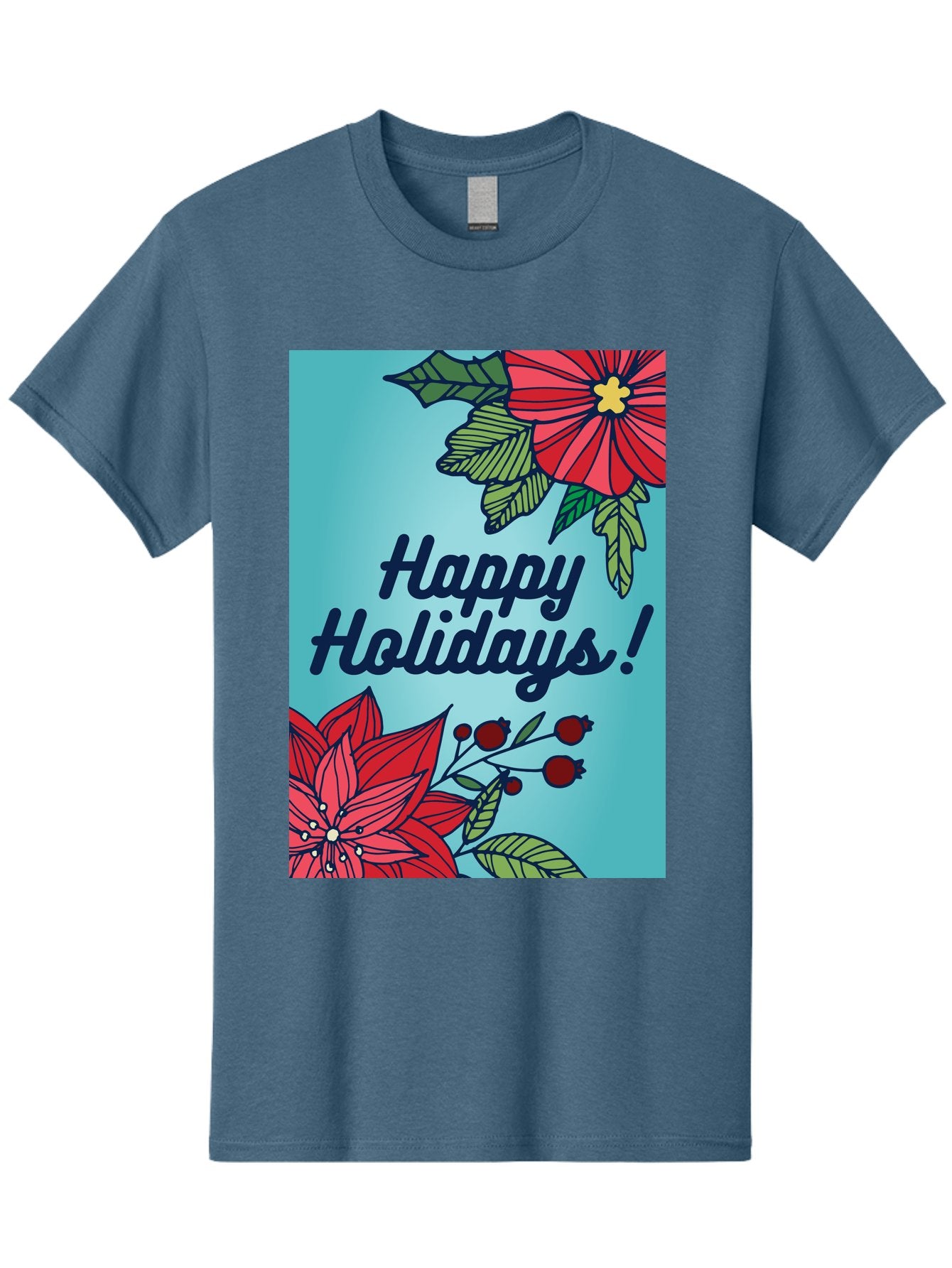 Happy-Holidays-5 Men'S Graphic Tee, 100% Cotton, Comfortable Casual Summer Wear, Machine Washable, Happy Holidays, Red Poinsettias, Festive Flowers, Holiday Cheer, Seasonal Greetings, Red Berries, Holly Leaves, Dark Blue Text, -  Aaa917 12