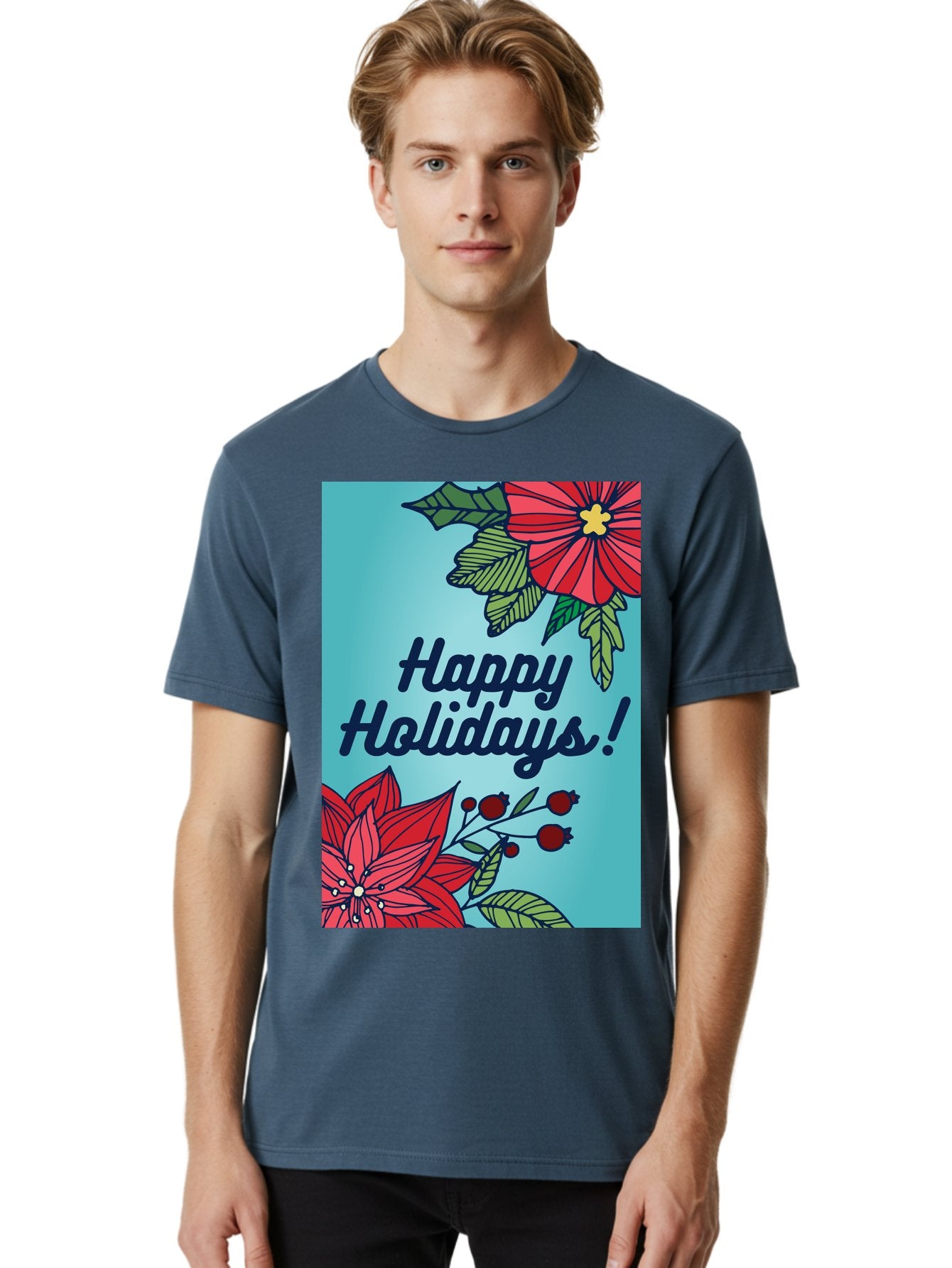 Happy-Holidays-5 Men'S Graphic Tee, 100% Cotton, Comfortable Casual Summer Wear, Machine Washable, Happy Holidays, Red Poinsettias, Festive Flowers, Holiday Cheer, Seasonal Greetings, Red Berries, Holly Leaves, Dark Blue Text, -  Aaa917 28