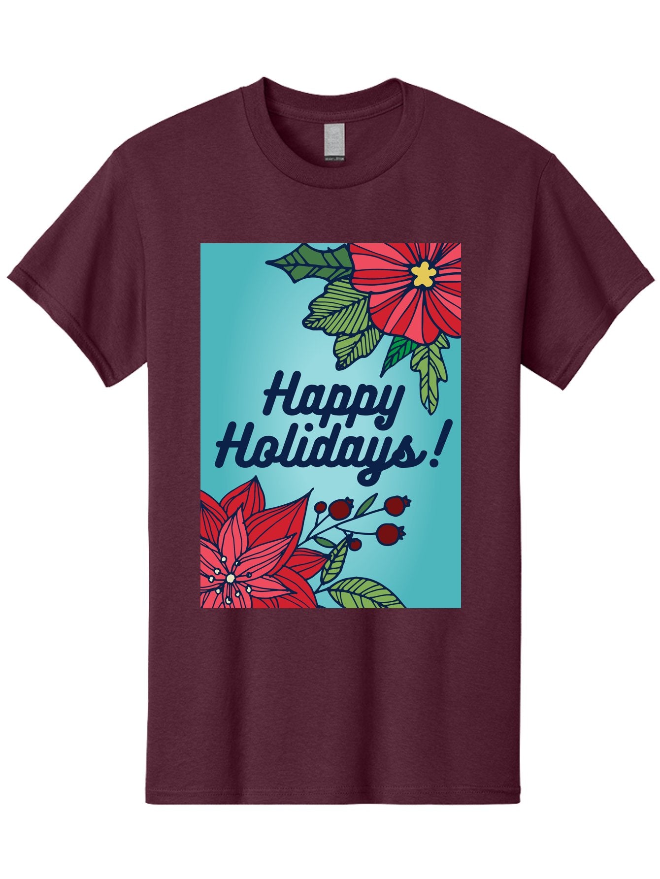 Happy-Holidays-5 Men'S Graphic Tee, 100% Cotton, Comfortable Casual Summer Wear, Machine Washable, Happy Holidays, Red Poinsettias, Festive Flowers, Holiday Cheer, Seasonal Greetings, Red Berries, Holly Leaves, Dark Blue Text, -  Aaa917