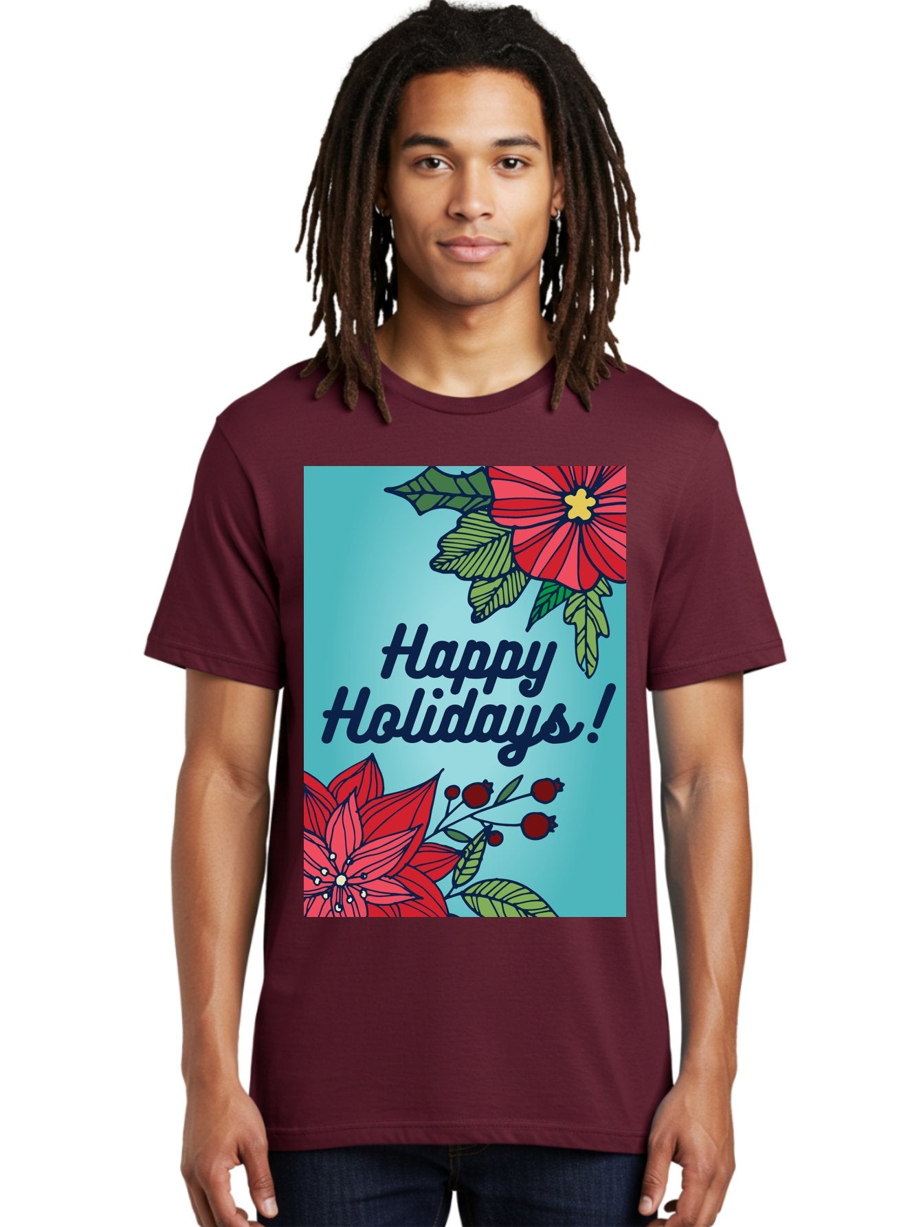 Happy-Holidays-5 Men'S Graphic Tee, 100% Cotton, Comfortable Casual Summer Wear, Machine Washable, Happy Holidays, Red Poinsettias, Festive Flowers, Holiday Cheer, Seasonal Greetings, Red Berries, Holly Leaves, Dark Blue Text, -  Aaa917 21