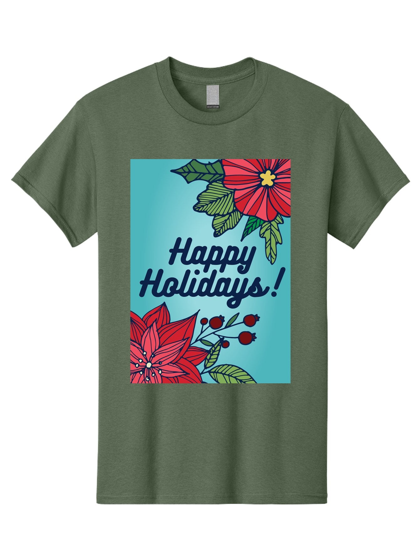 Happy-Holidays-5 Men'S Graphic Tee, 100% Cotton, Comfortable Casual Summer Wear, Machine Washable, Happy Holidays, Red Poinsettias, Festive Flowers, Holiday Cheer, Seasonal Greetings, Red Berries, Holly Leaves, Dark Blue Text, -  Aaa917 3