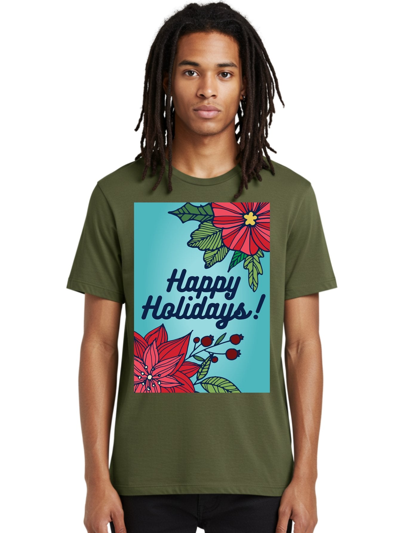 Happy-Holidays-5 Men'S Graphic Tee, 100% Cotton, Comfortable Casual Summer Wear, Machine Washable, Happy Holidays, Red Poinsettias, Festive Flowers, Holiday Cheer, Seasonal Greetings, Red Berries, Holly Leaves, Dark Blue Text, -  Aaa917 22