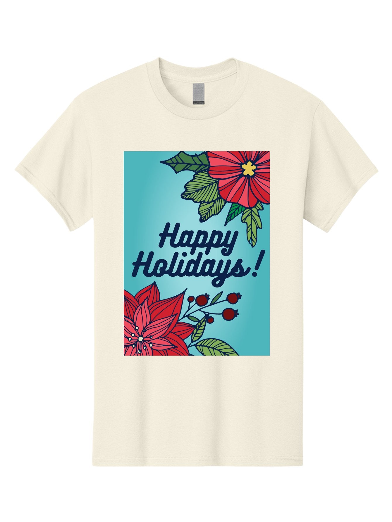 Happy-Holidays-5 Men'S Graphic Tee, 100% Cotton, Comfortable Casual Summer Wear, Machine Washable, Happy Holidays, Red Poinsettias, Festive Flowers, Holiday Cheer, Seasonal Greetings, Red Berries, Holly Leaves, Dark Blue Text, -  Aaa917 5