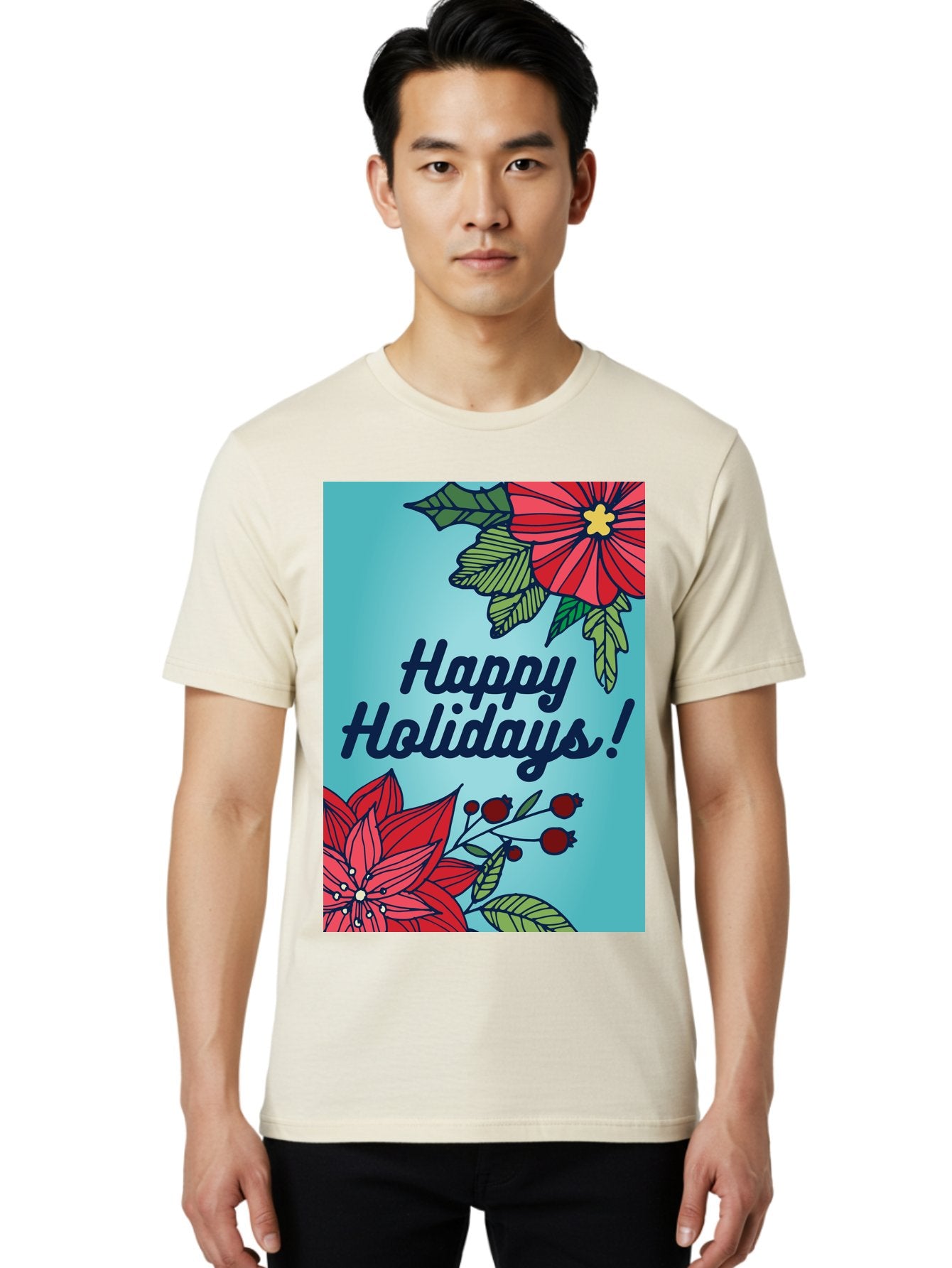 Happy-Holidays-5 Men'S Graphic Tee, 100% Cotton, Comfortable Casual Summer Wear, Machine Washable, Happy Holidays, Red Poinsettias, Festive Flowers, Holiday Cheer, Seasonal Greetings, Red Berries, Holly Leaves, Dark Blue Text, -  Aaa917 23